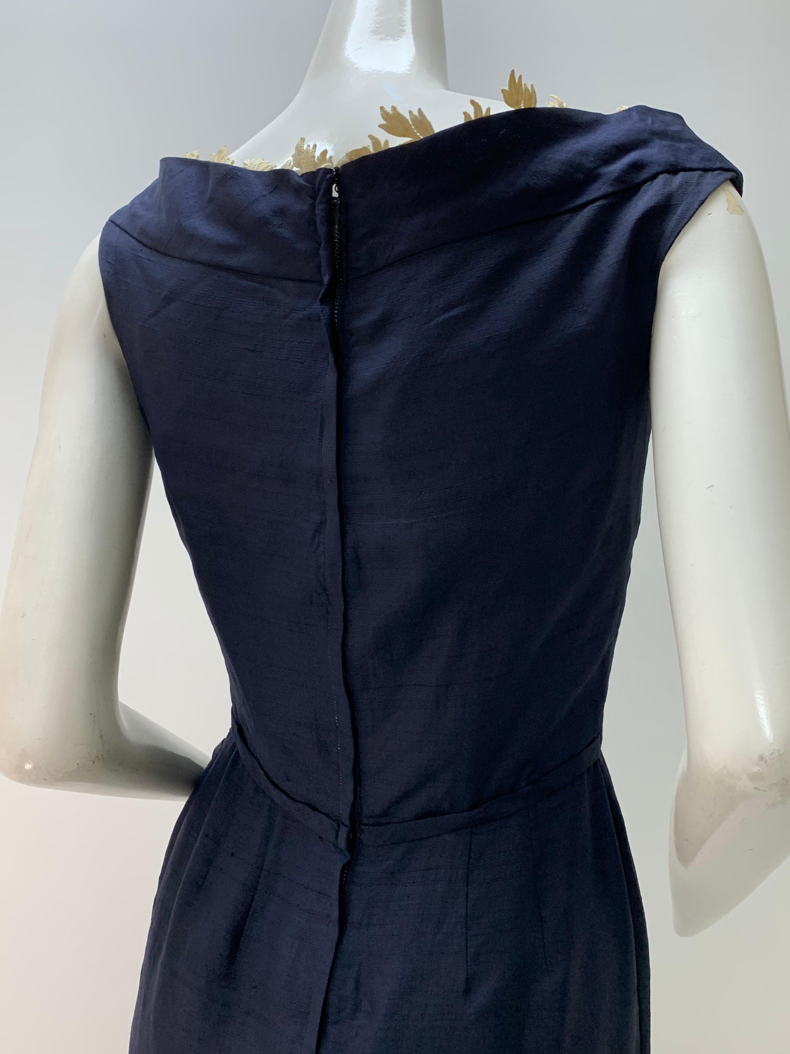 1950s Ceil Chapman Navy Fitted Spring Sheath Dress w/ Lace Décolletage Neckline For Sale 3