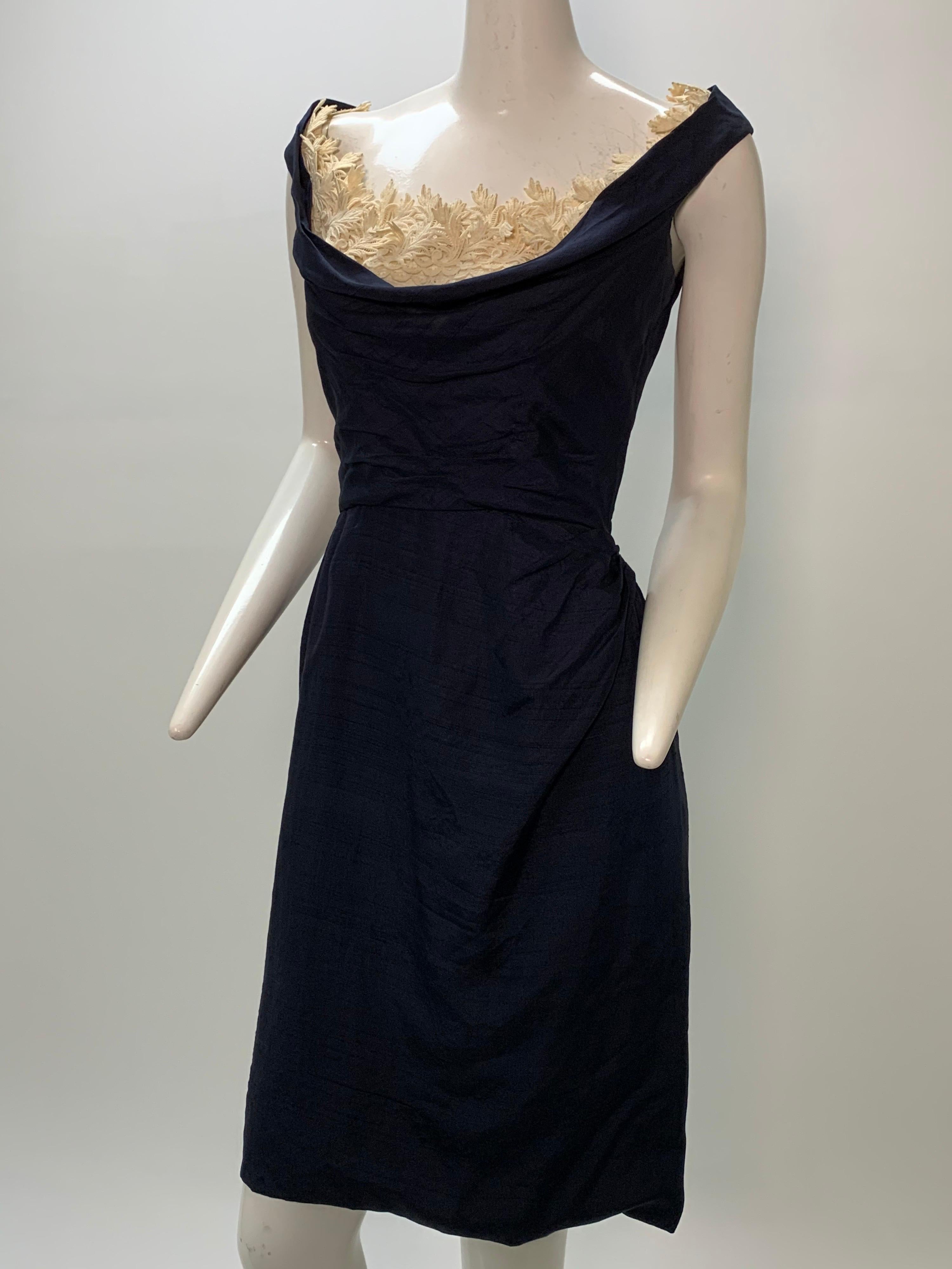 1950s Ceil Chapman Navy Fitted Spring Sheath Dress w/ Lace Décolletage Neckline For Sale 5