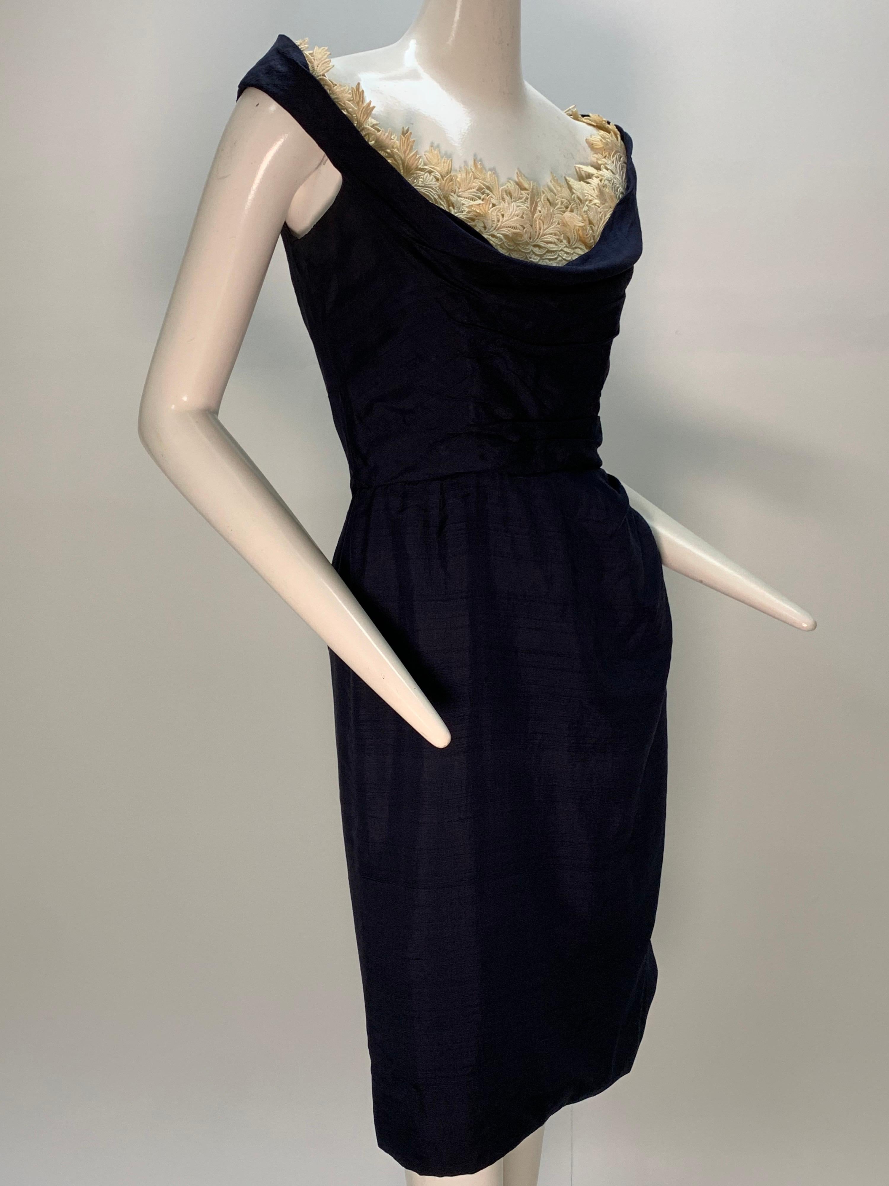 Women's 1950s Ceil Chapman Navy Fitted Spring Sheath Dress w/ Lace Décolletage Neckline For Sale