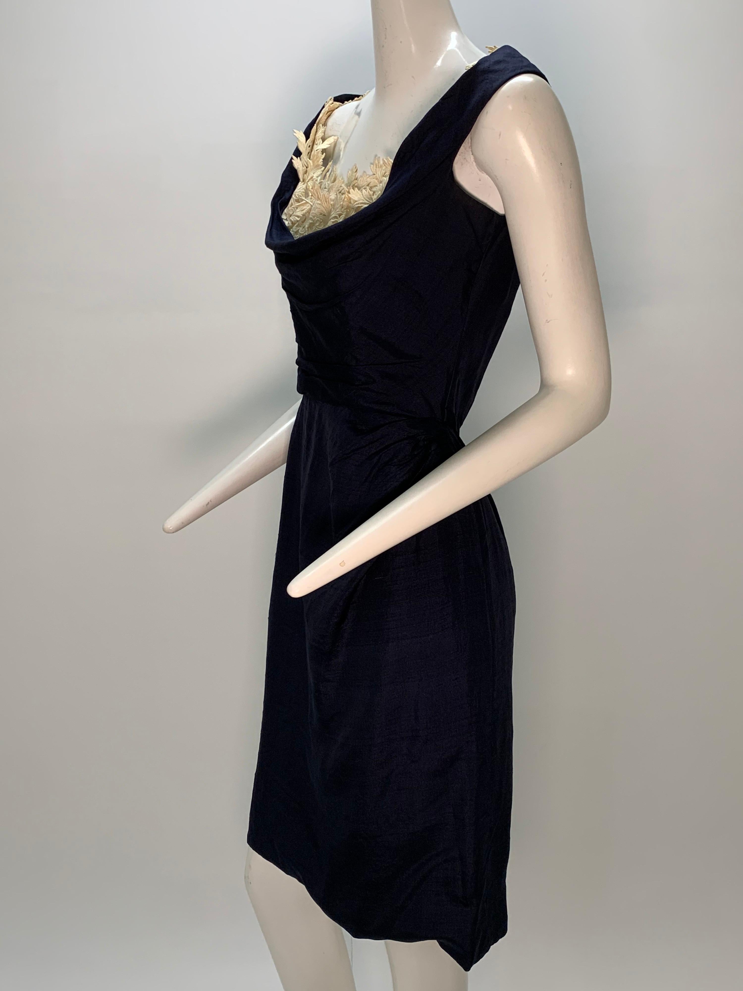 1950s Ceil Chapman Navy Fitted Spring Sheath Dress w/ Lace Décolletage Neckline For Sale 1