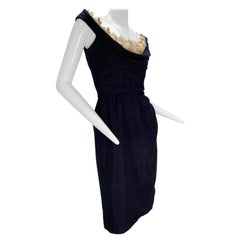 Vintage 1950s Ceil Chapman Navy Fitted Spring Sheath Dress w/ Lace Décolletage Neckline