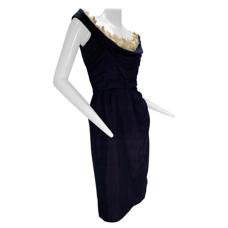 1950s Ceil Chapman Navy Fitted Spring Sheath Dress w/ Lace Décolletage