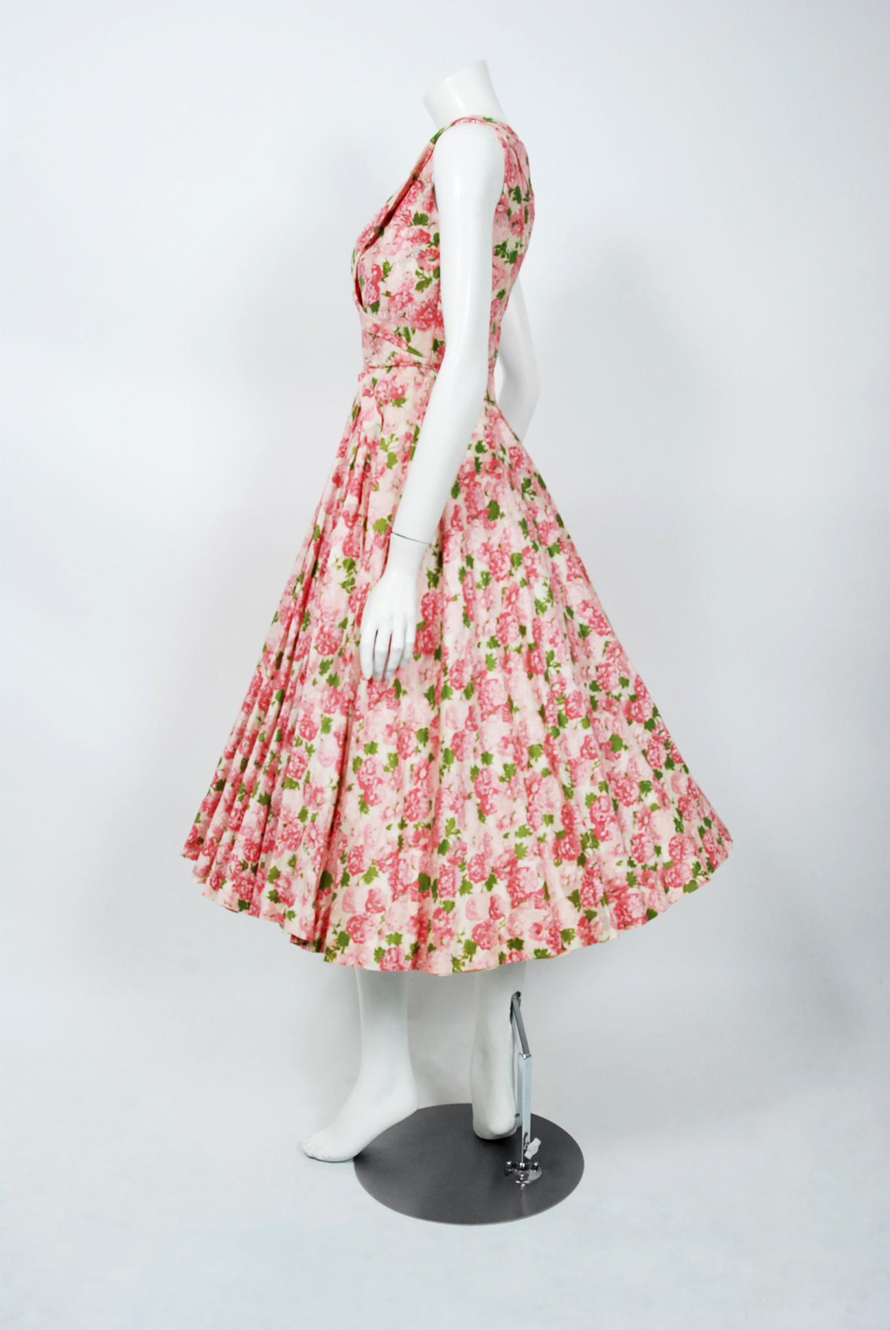 Beige Vintage 1950's Ceil Chapman Pink Carnations Floral Print Cotton Full-Skirt Dress