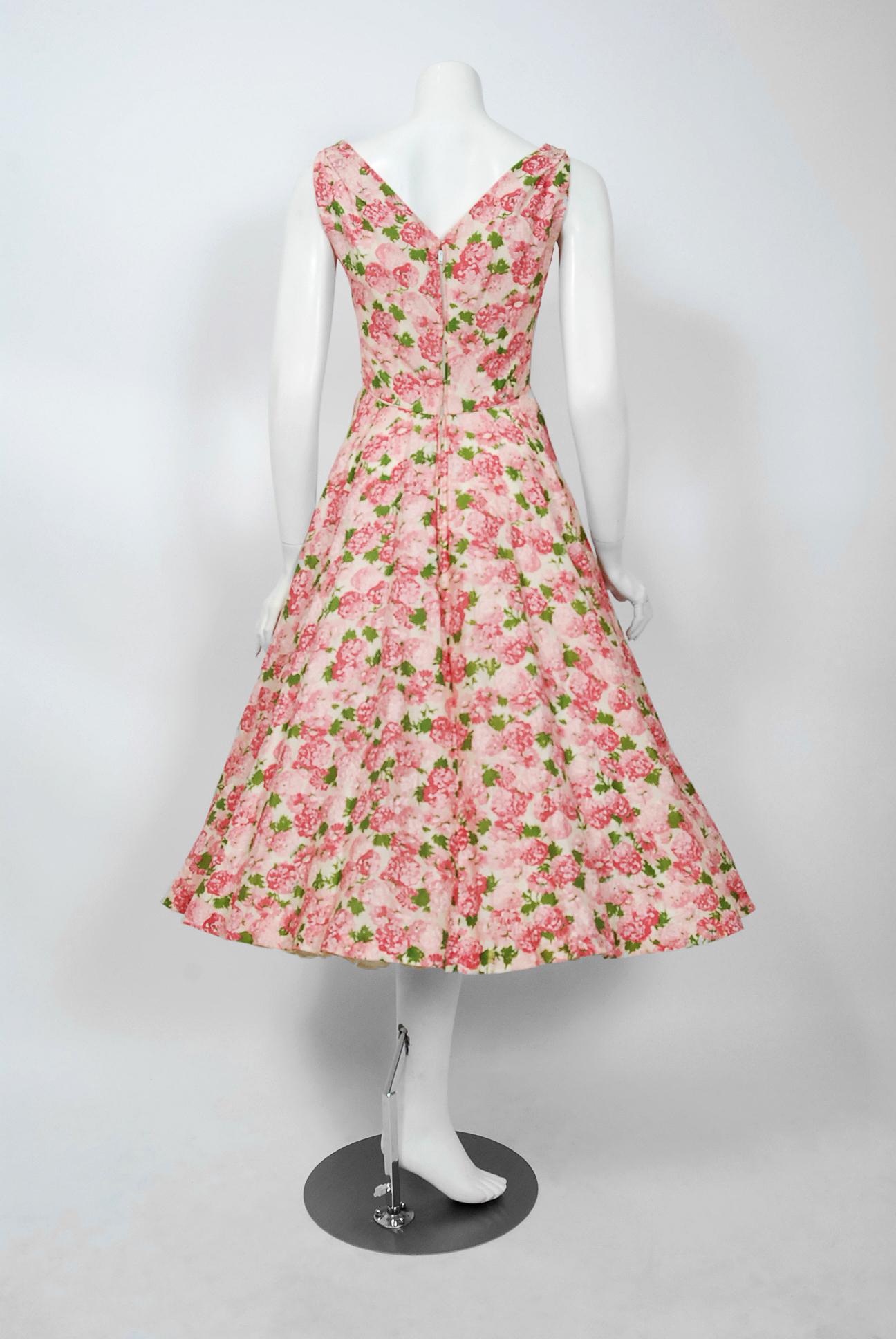 Vintage 1950's Ceil Chapman Pink Carnations Floral Print Cotton Full-Skirt Dress In Good Condition In Beverly Hills, CA