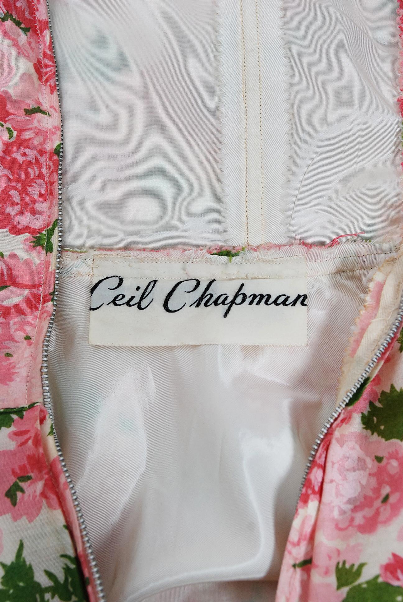 Women's or Men's Vintage 1950's Ceil Chapman Pink Carnations Floral Print Cotton Full-Skirt Dress