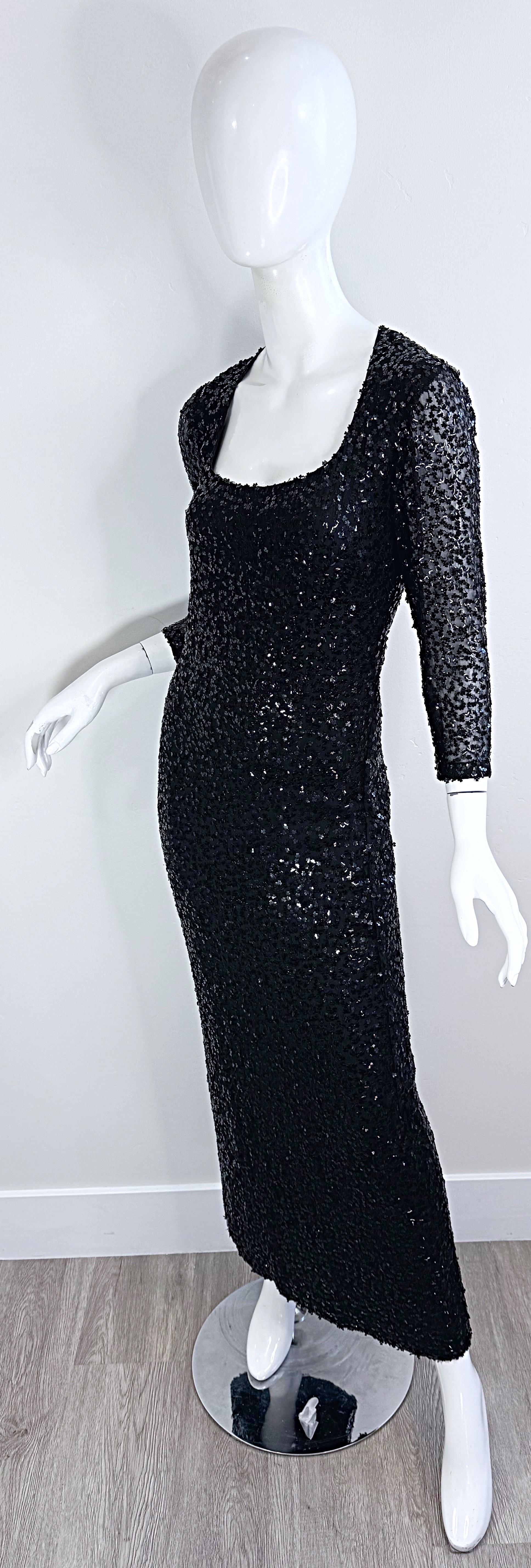 1950s Ceil Chapman Size 6 Black Silk Chiffon Fully Sequined Long Sleeve Gown 50s For Sale 7