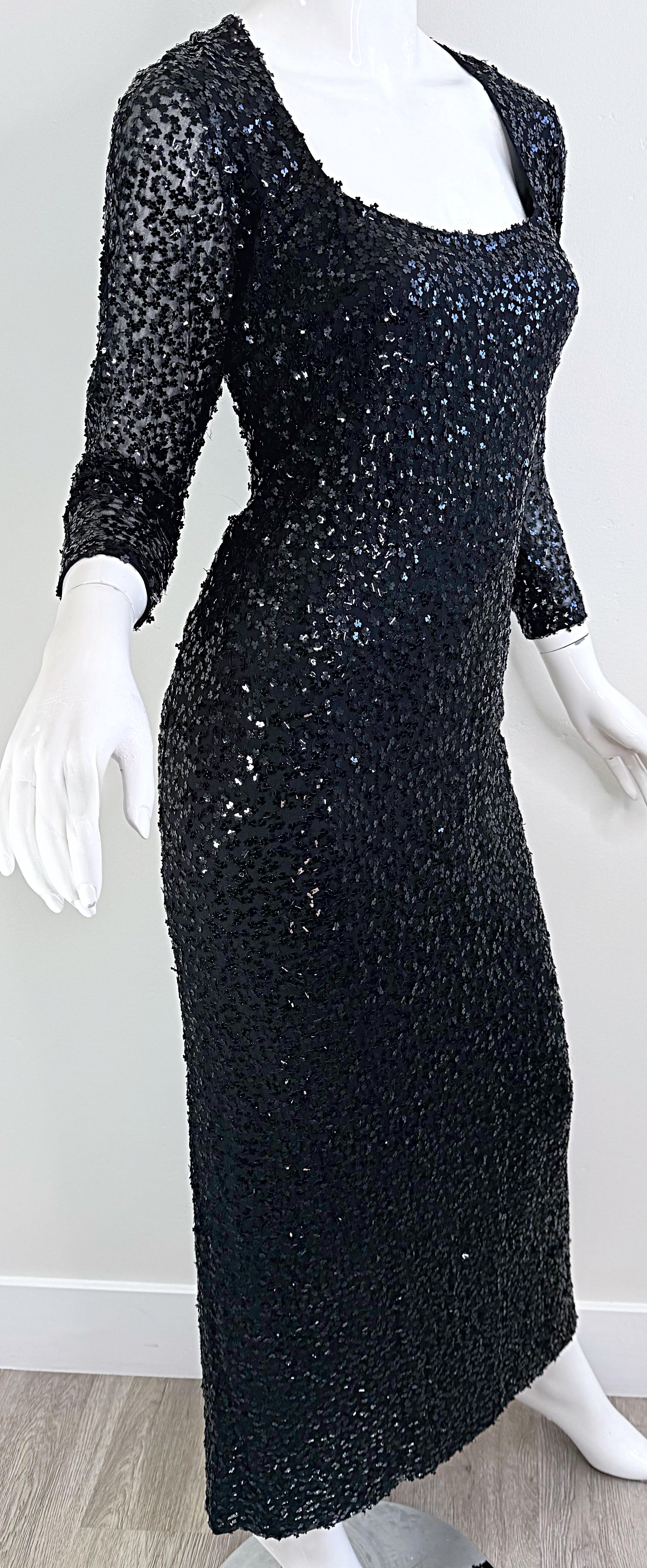 1950s Ceil Chapman Size 6 Black Silk Chiffon Fully Sequined Long Sleeve Gown 50s For Sale 8