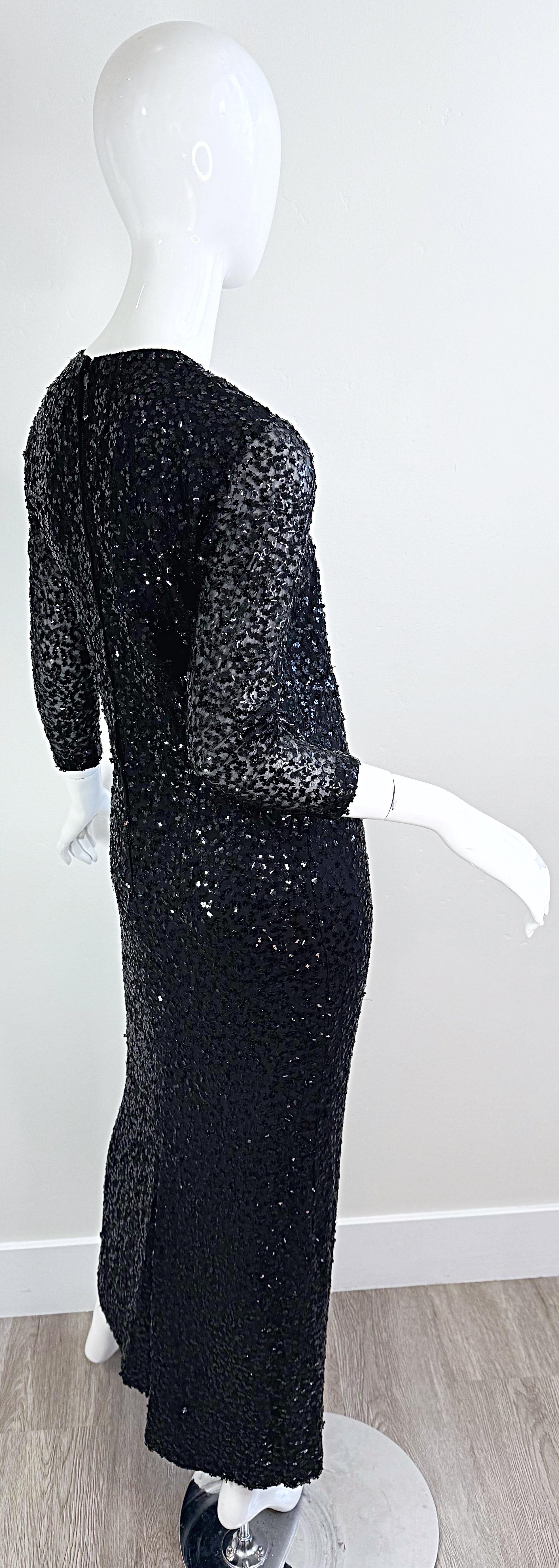 1950s Ceil Chapman Size 6 Black Silk Chiffon Fully Sequined Long Sleeve Gown 50s For Sale 9
