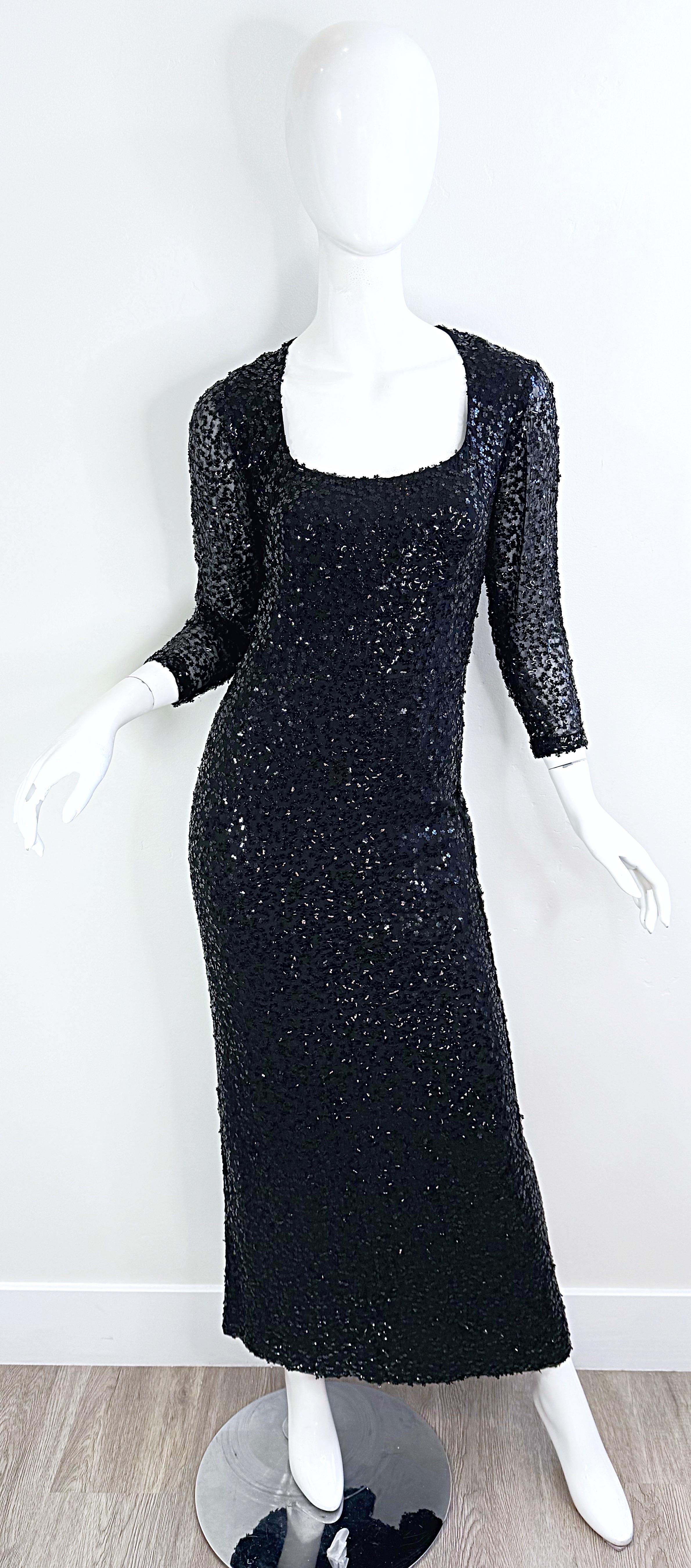 1950s Ceil Chapman Size 6 Black Silk Chiffon Fully Sequined Long Sleeve Gown 50s For Sale 10