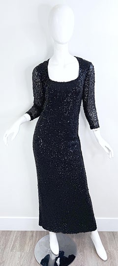 1950s Ceil Chapman Size 6 Black Silk Chiffon Fully Sequined Long Sleeve Gown 50s