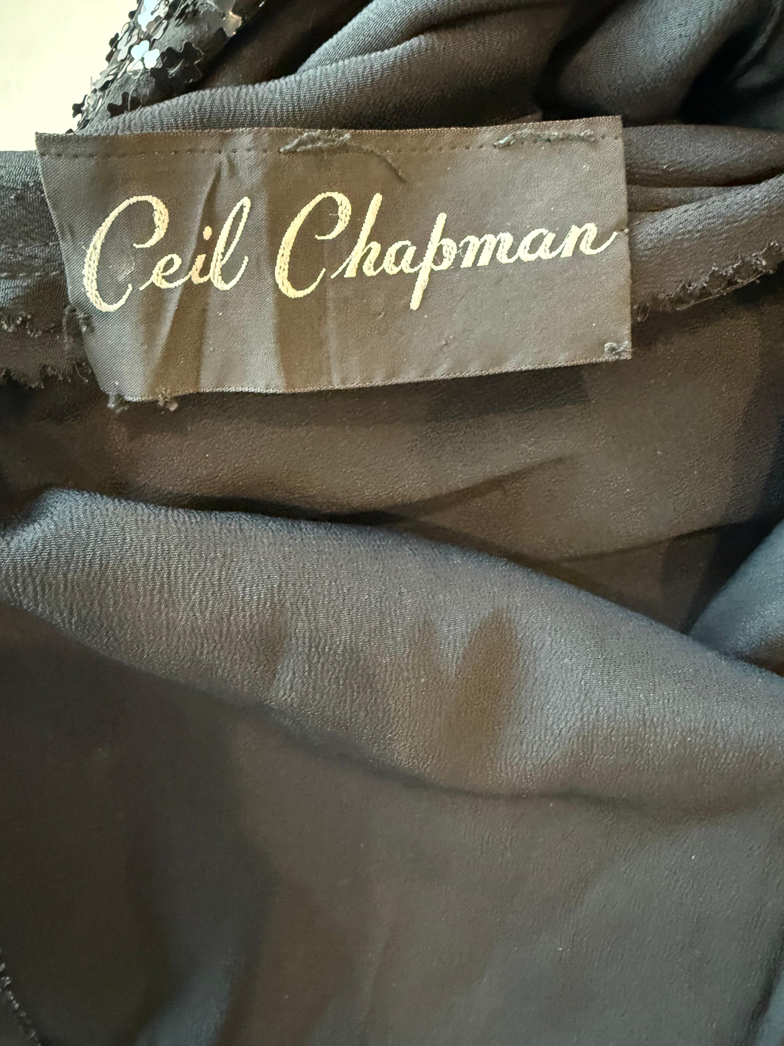 1950s Ceil Chapman Size 6 Black Silk Chiffon Fully Sequined Long Sleeve Gown 50s In Excellent Condition For Sale In San Diego, CA