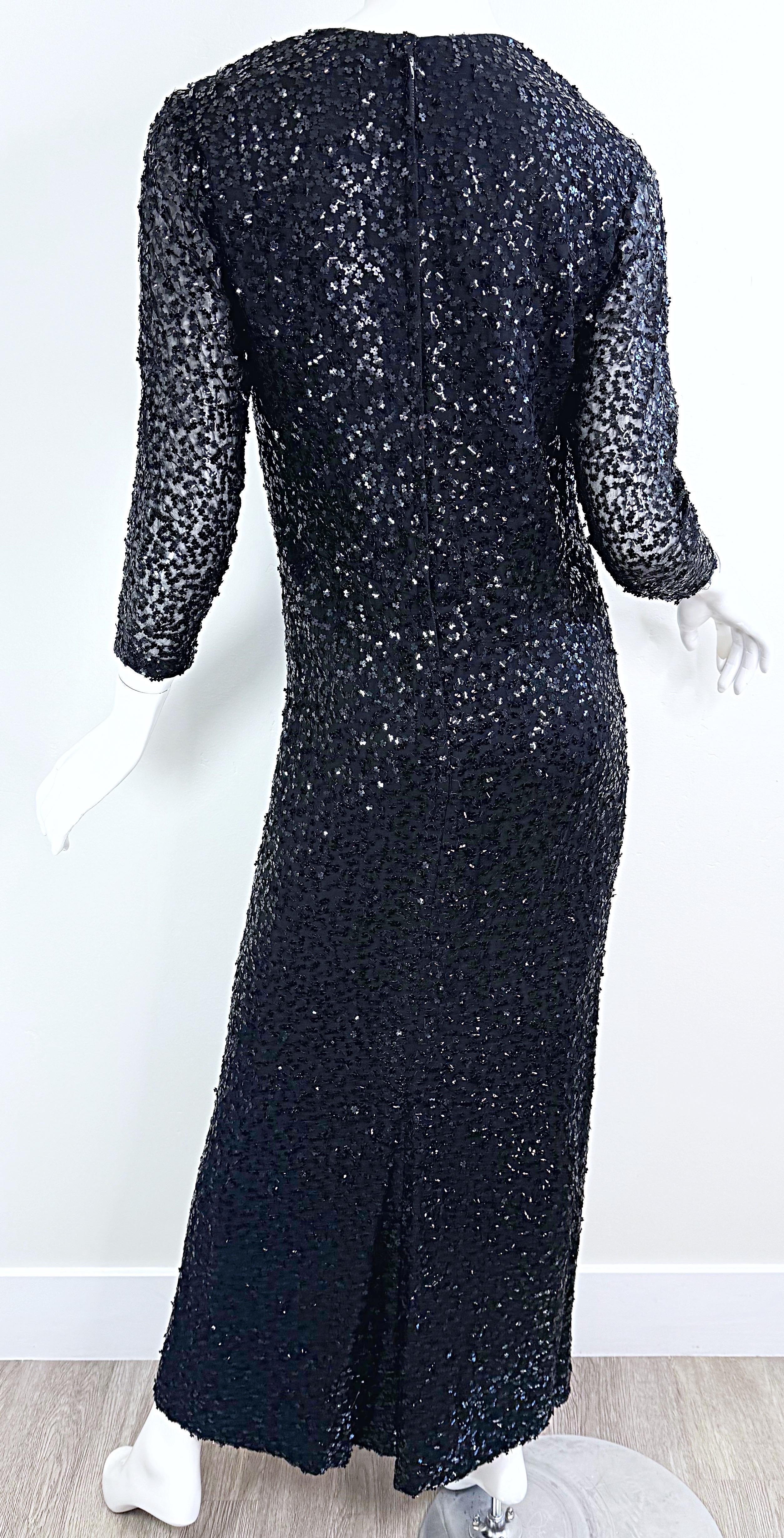 Women's 1950s Ceil Chapman Size 6 Black Silk Chiffon Fully Sequined Long Sleeve Gown 50s For Sale
