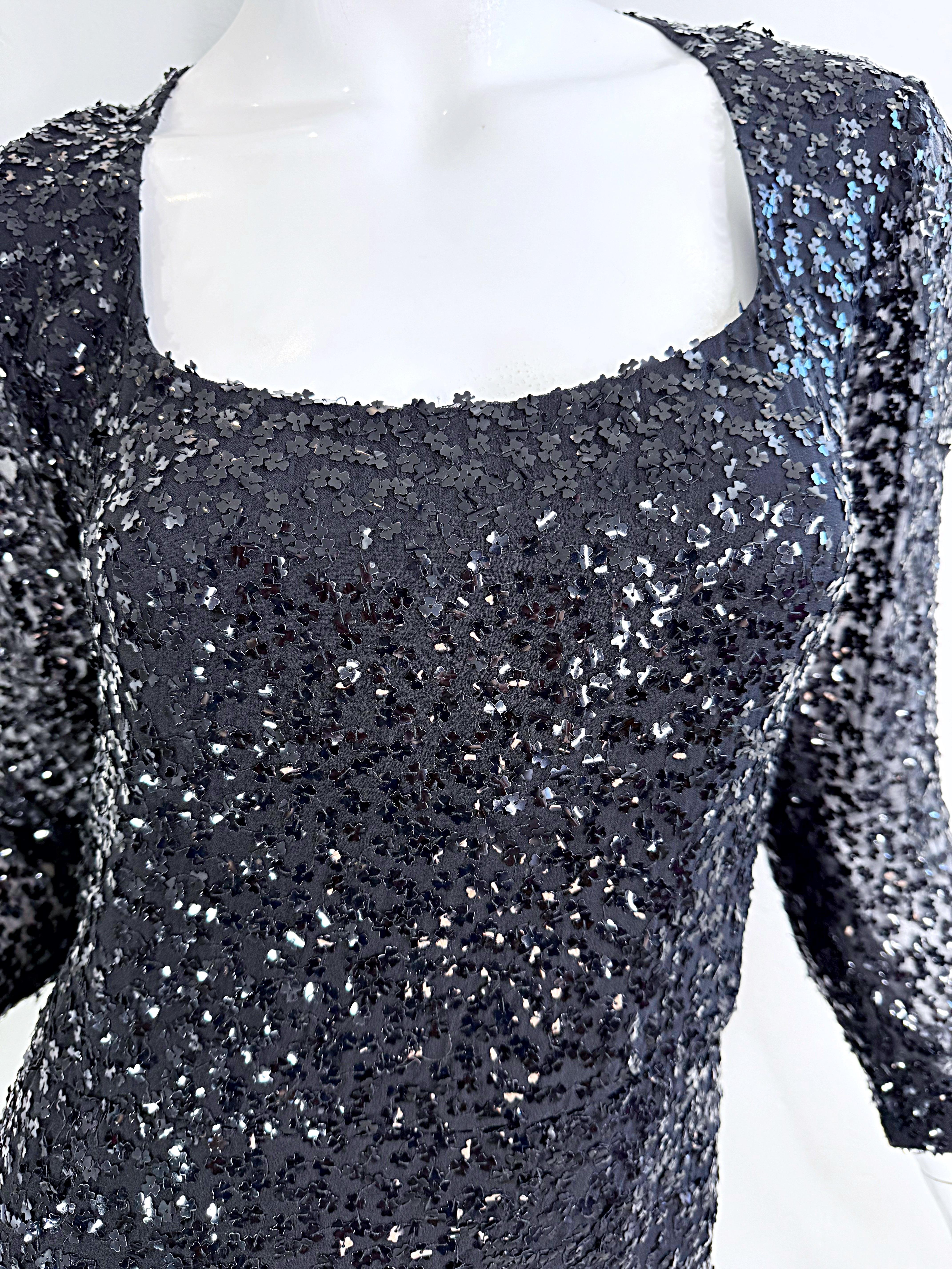 1950s Ceil Chapman Size 6 Black Silk Chiffon Fully Sequined Long Sleeve Gown 50s For Sale 1