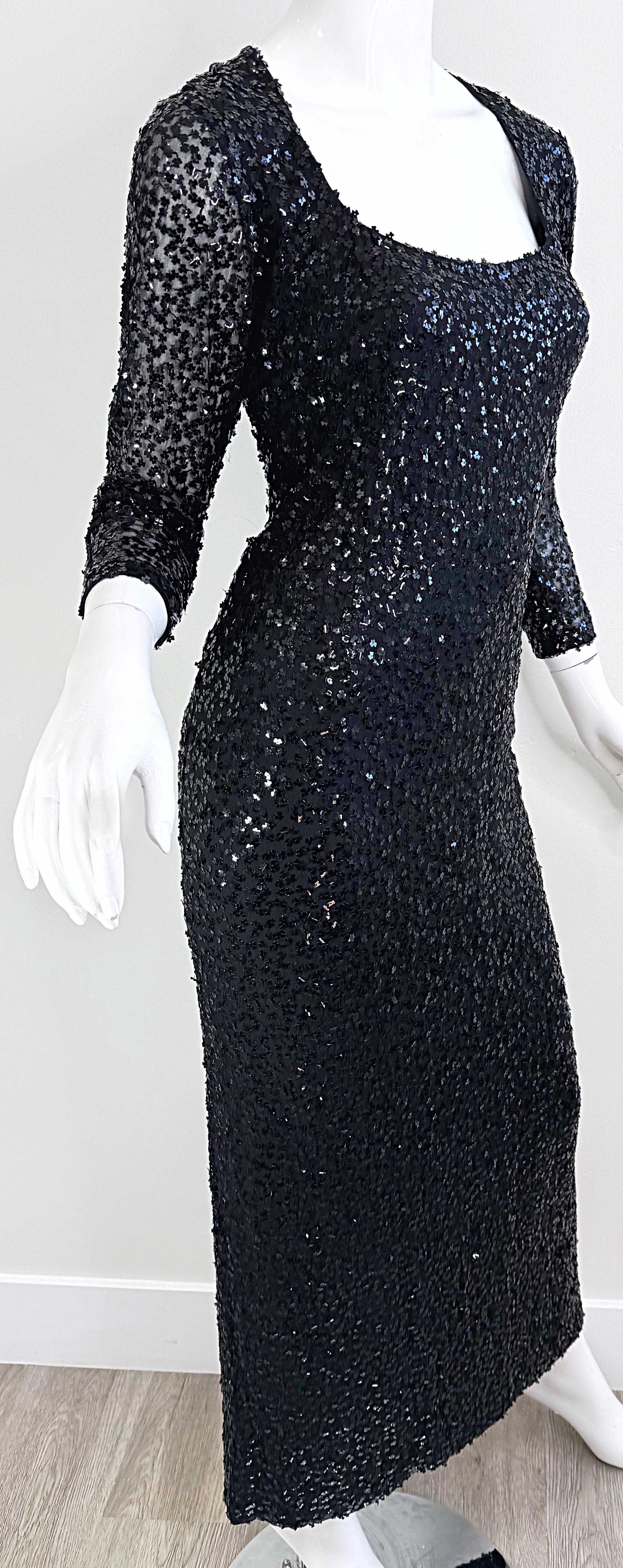 1950s Ceil Chapman Size 6 Black Silk Chiffon Fully Sequined Long Sleeve Gown 50s For Sale 2