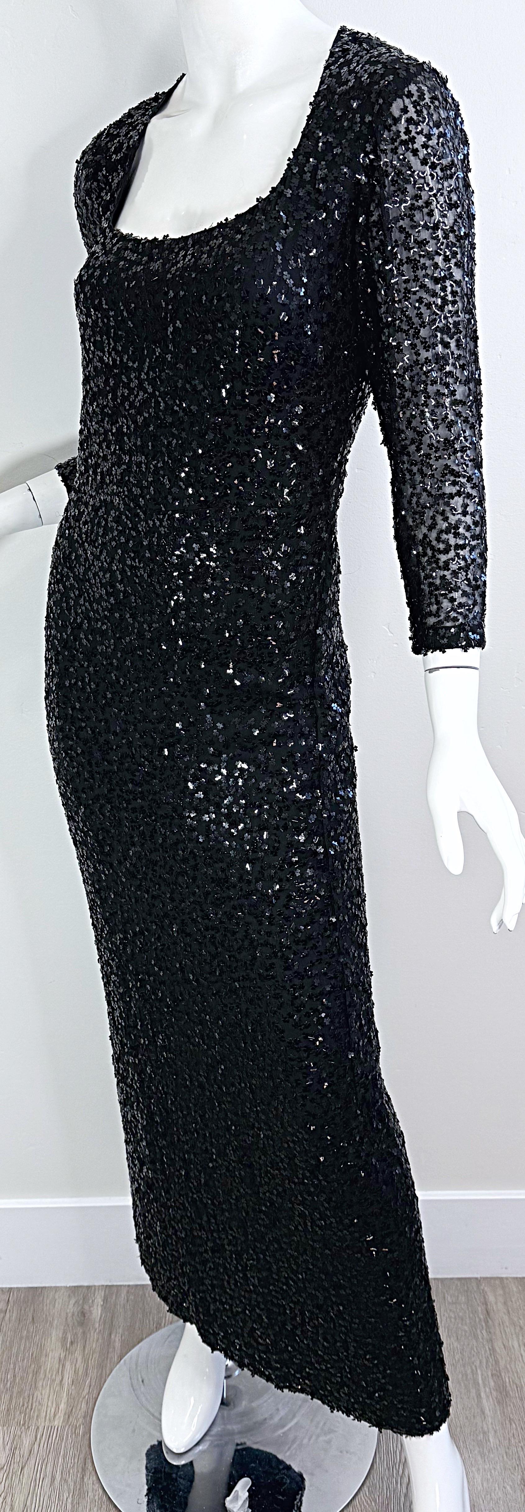 1950s Ceil Chapman Size 6 Black Silk Chiffon Fully Sequined Long Sleeve Gown 50s For Sale 3
