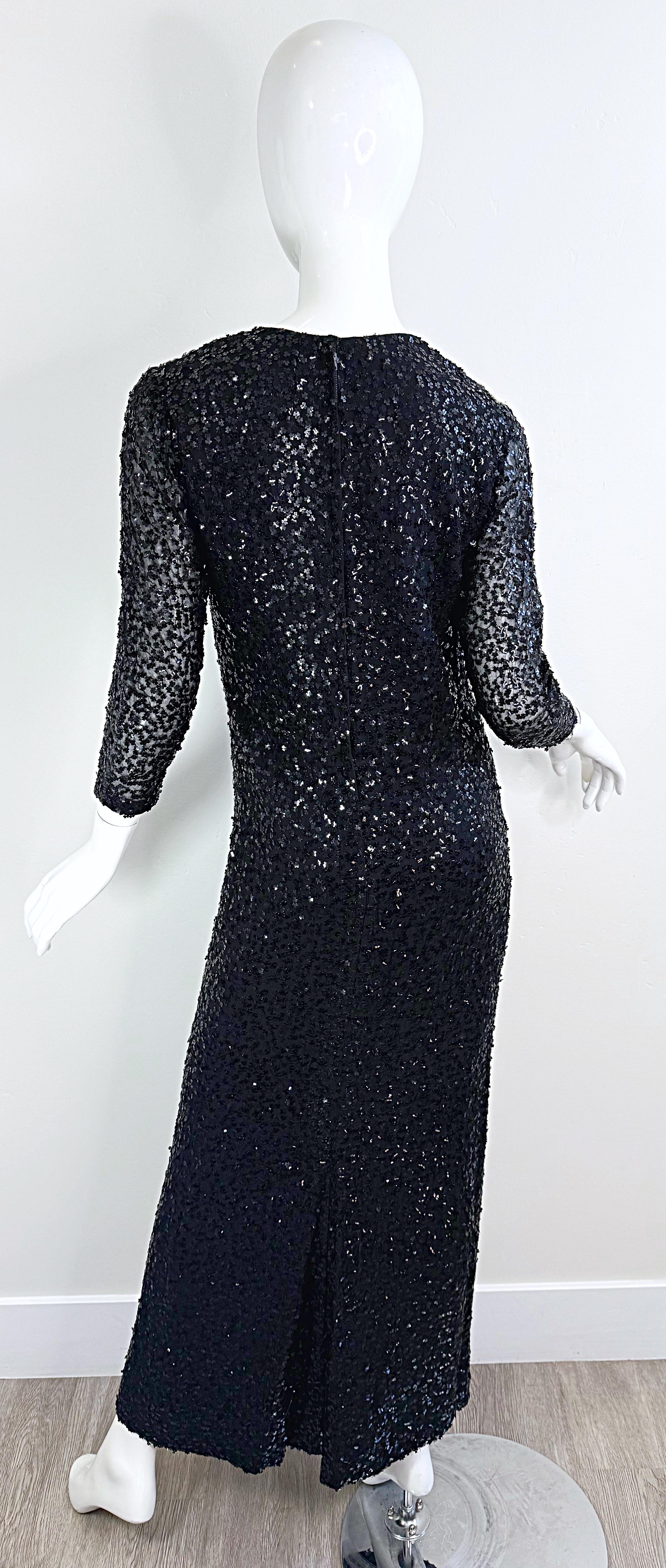 1950s Ceil Chapman Size 6 Black Silk Chiffon Fully Sequined Long Sleeve Gown 50s For Sale 4