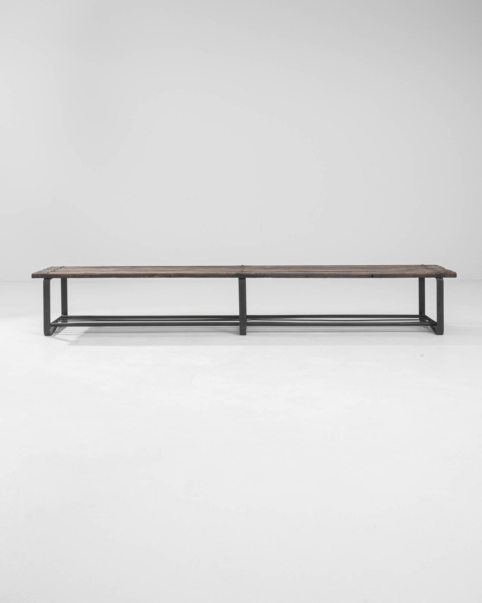 Czech 1950s Central European Industrial Steel Frame Bench For Sale