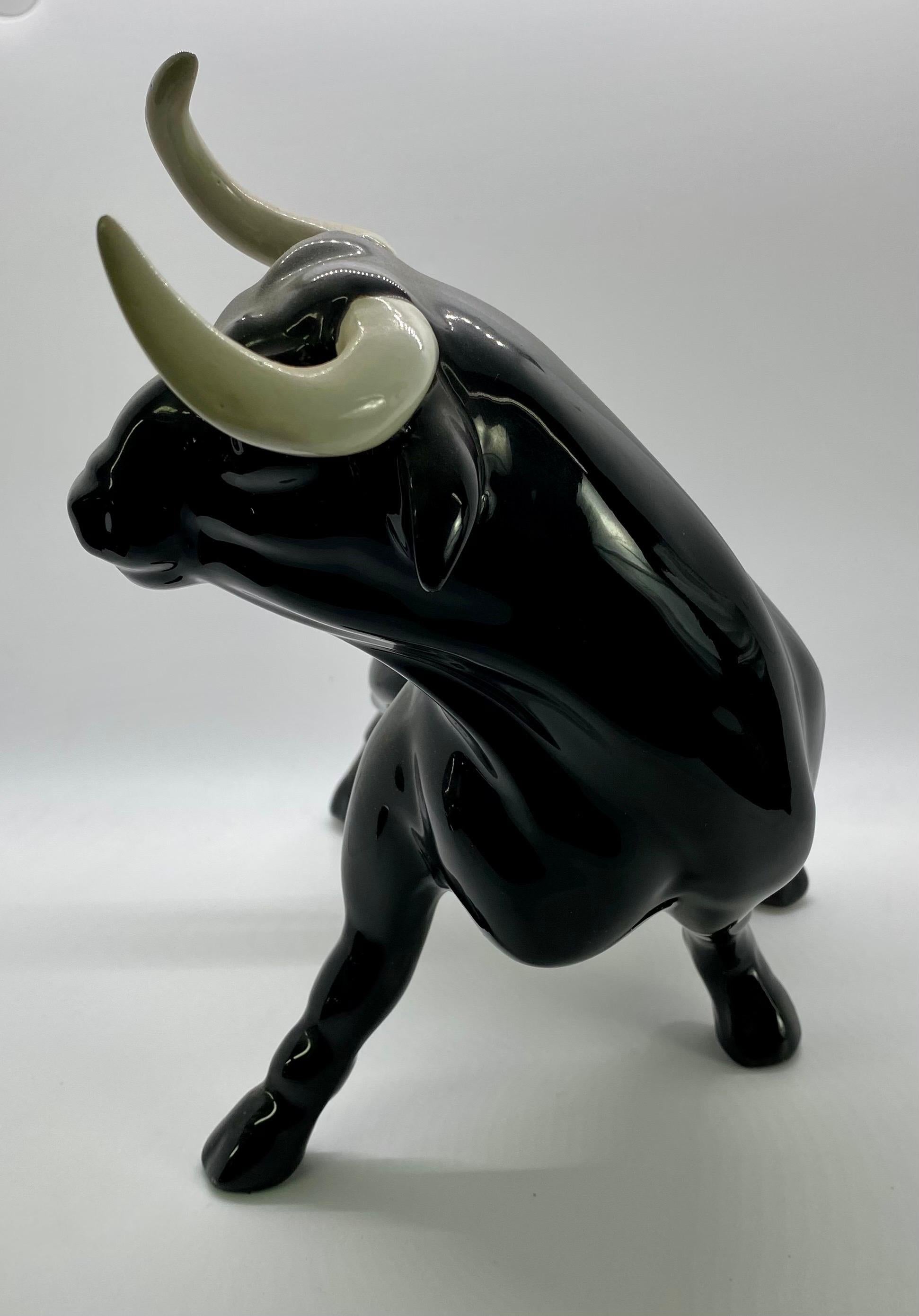 1950's Ceramic Black Bull Figurine with White Horns, a Pair  For Sale 3