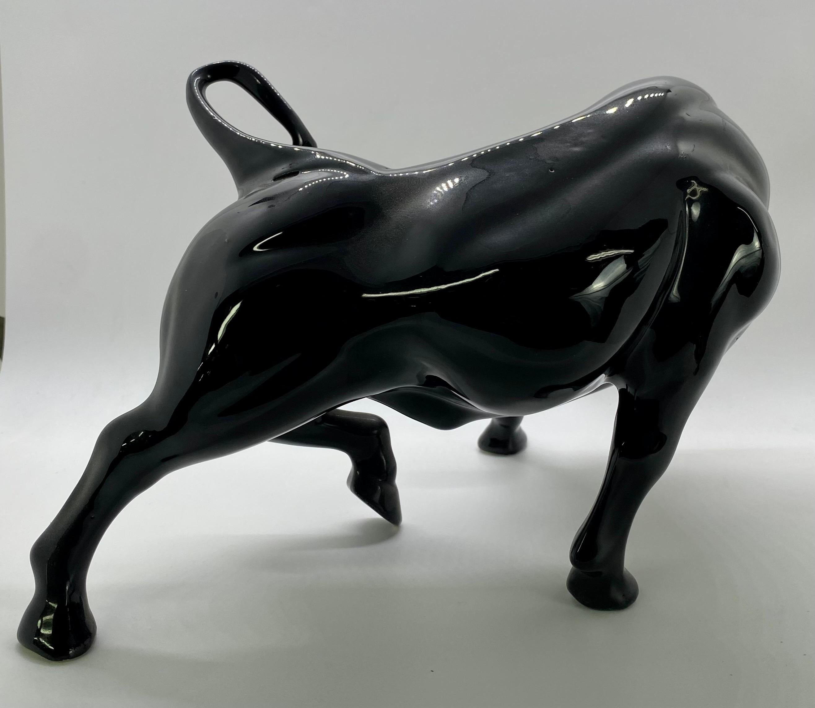 Mid-Century Modern 1950's Ceramic Black Bull Figurine with White Horns, a Pair  For Sale