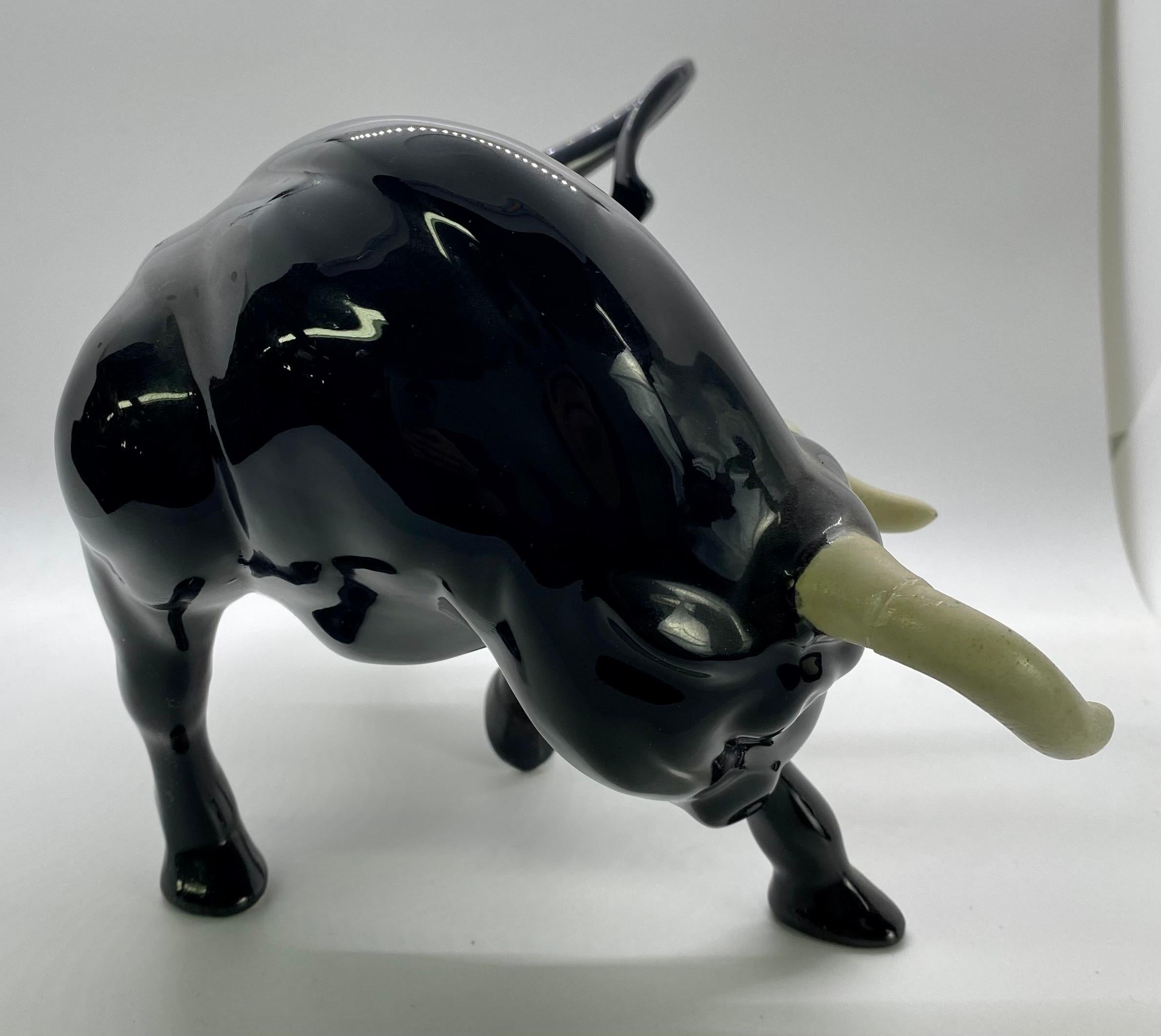 1950's Ceramic Black Bull Figurine with White Horns, a Pair  In Good Condition For Sale In Plainview, NY