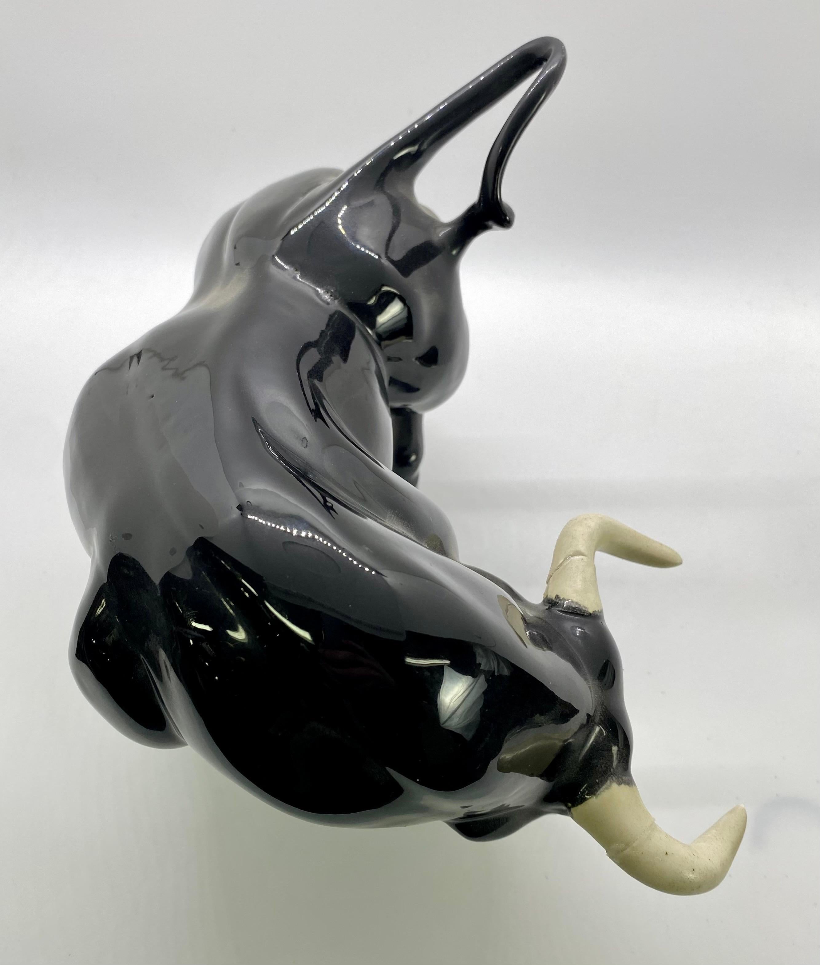 20th Century 1950's Ceramic Black Bull Figurine with White Horns, a Pair  For Sale