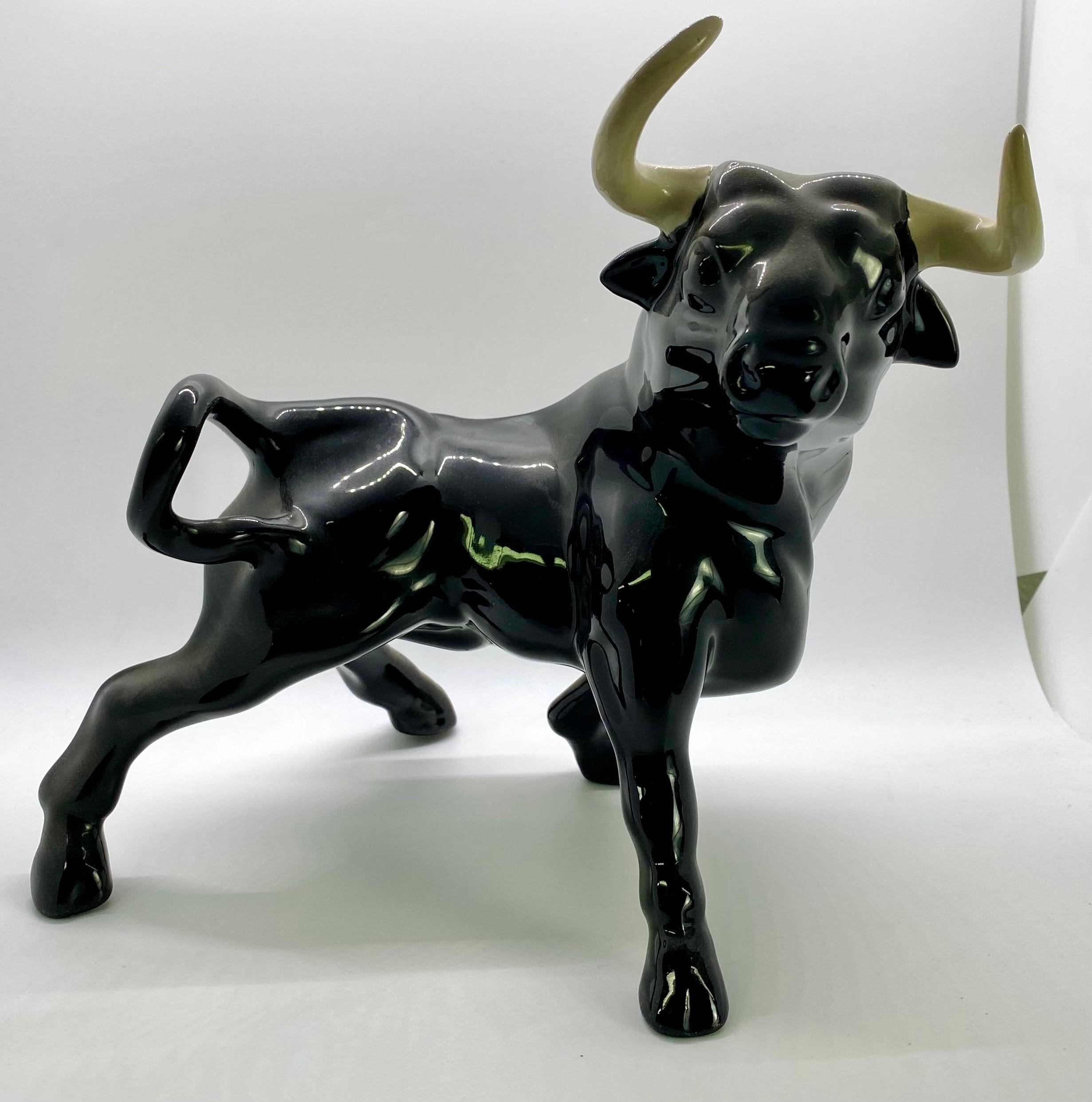 1950's Ceramic Black Bull Figurine with White Horns, a Pair  For Sale 1