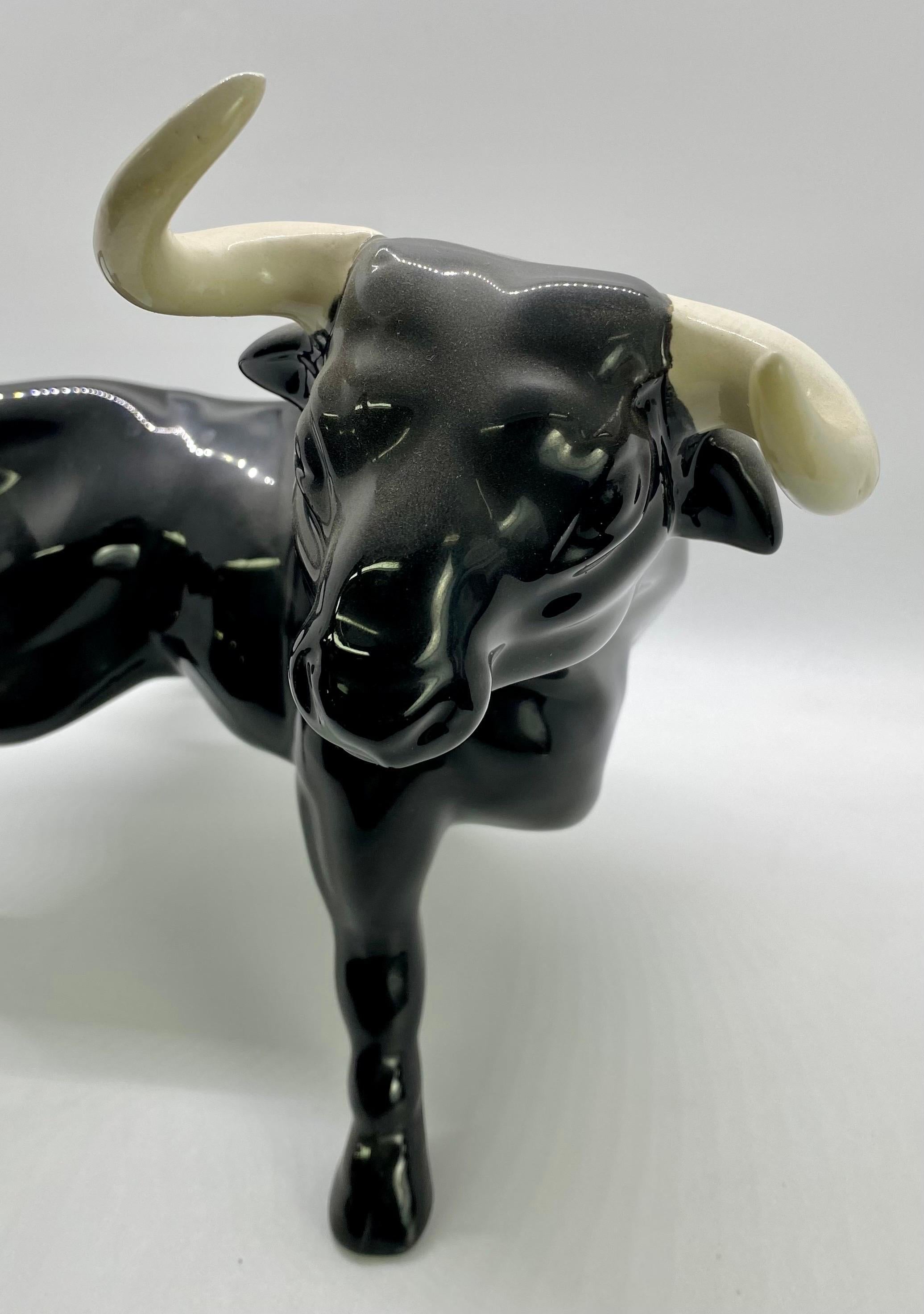1950's Ceramic Black Bull Figurine with White Horns, a Pair  For Sale 2