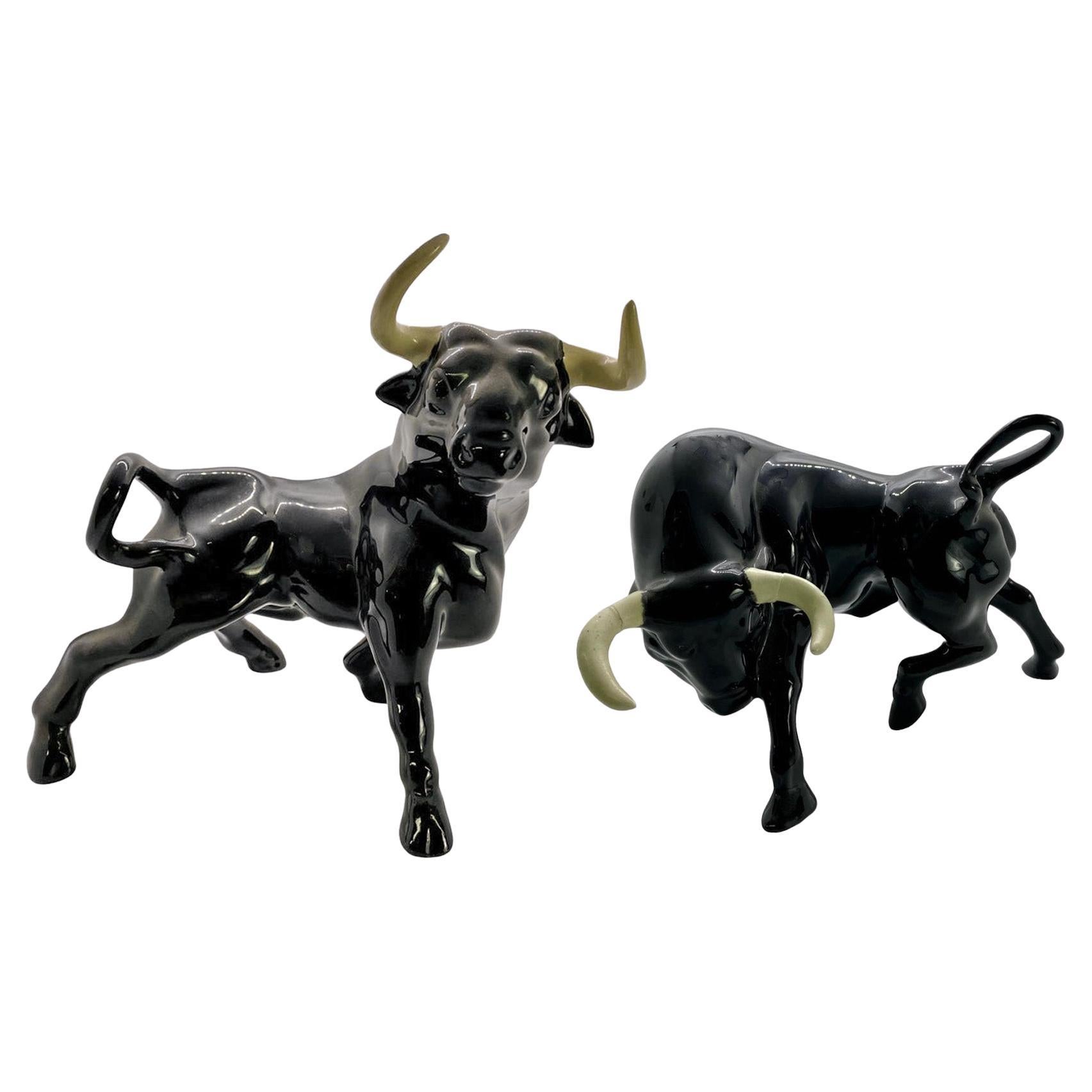 1950's Ceramic Black Bull Figurine with White Horns, a Pair For Sale
