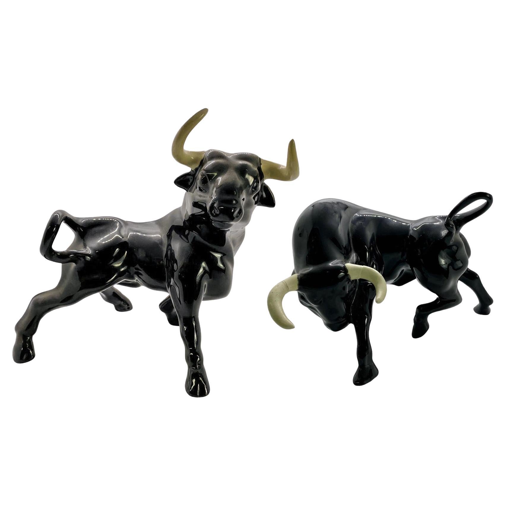 1950's Ceramic Black Bull Figurine with White Horns, a Pair 