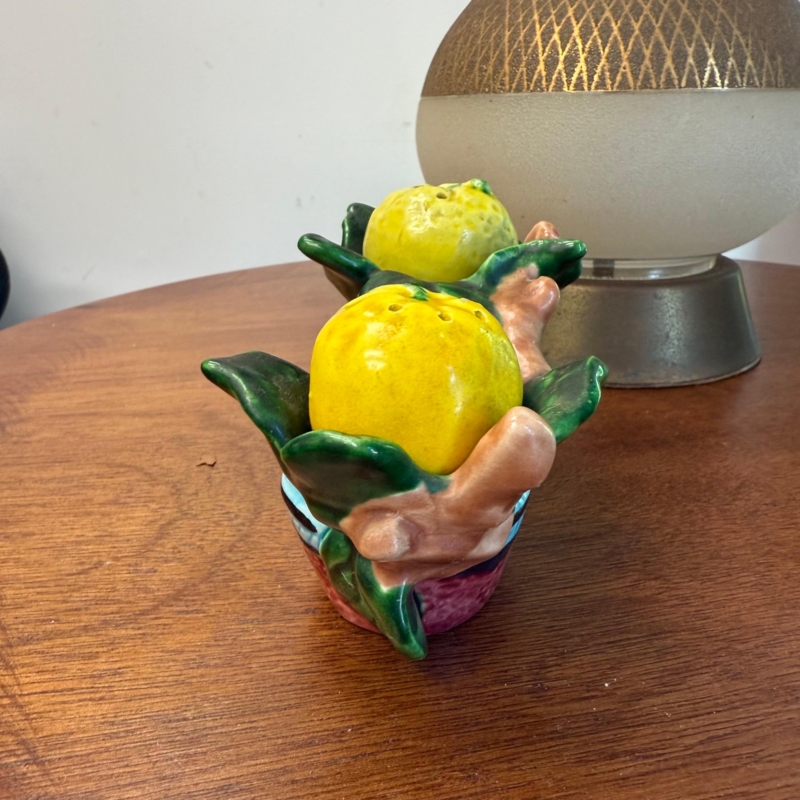 This is a charming little 1950's Majolica lemon salt and pepper shaker. This is a little whimsical little tree design that holds the lemons on top. This was made in Japan and has great colors that pop in yellow, green, turquoise and brown. Perfect