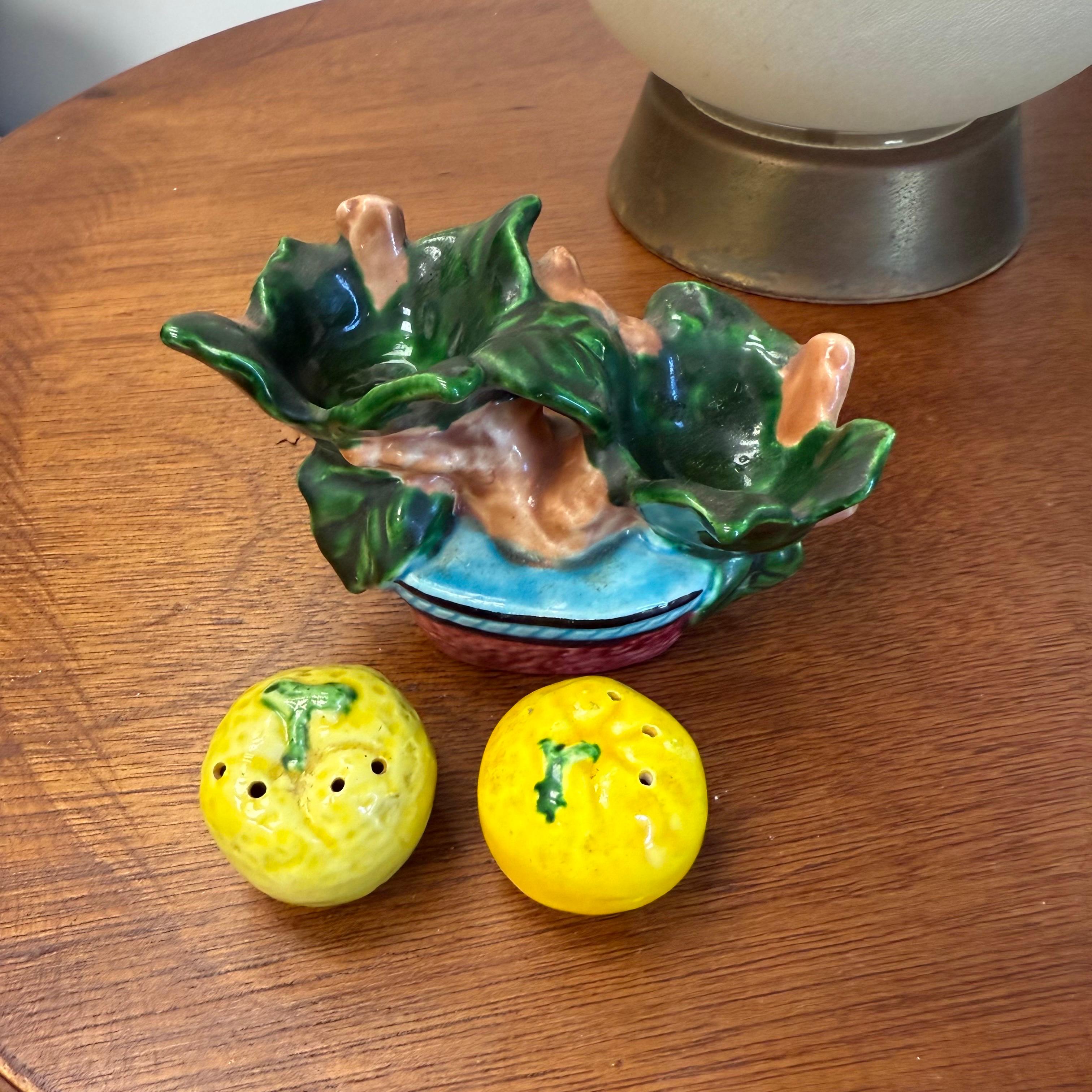 Majolica 1950's Ceramic Lemon Salt & Pepper Shakers For Sale