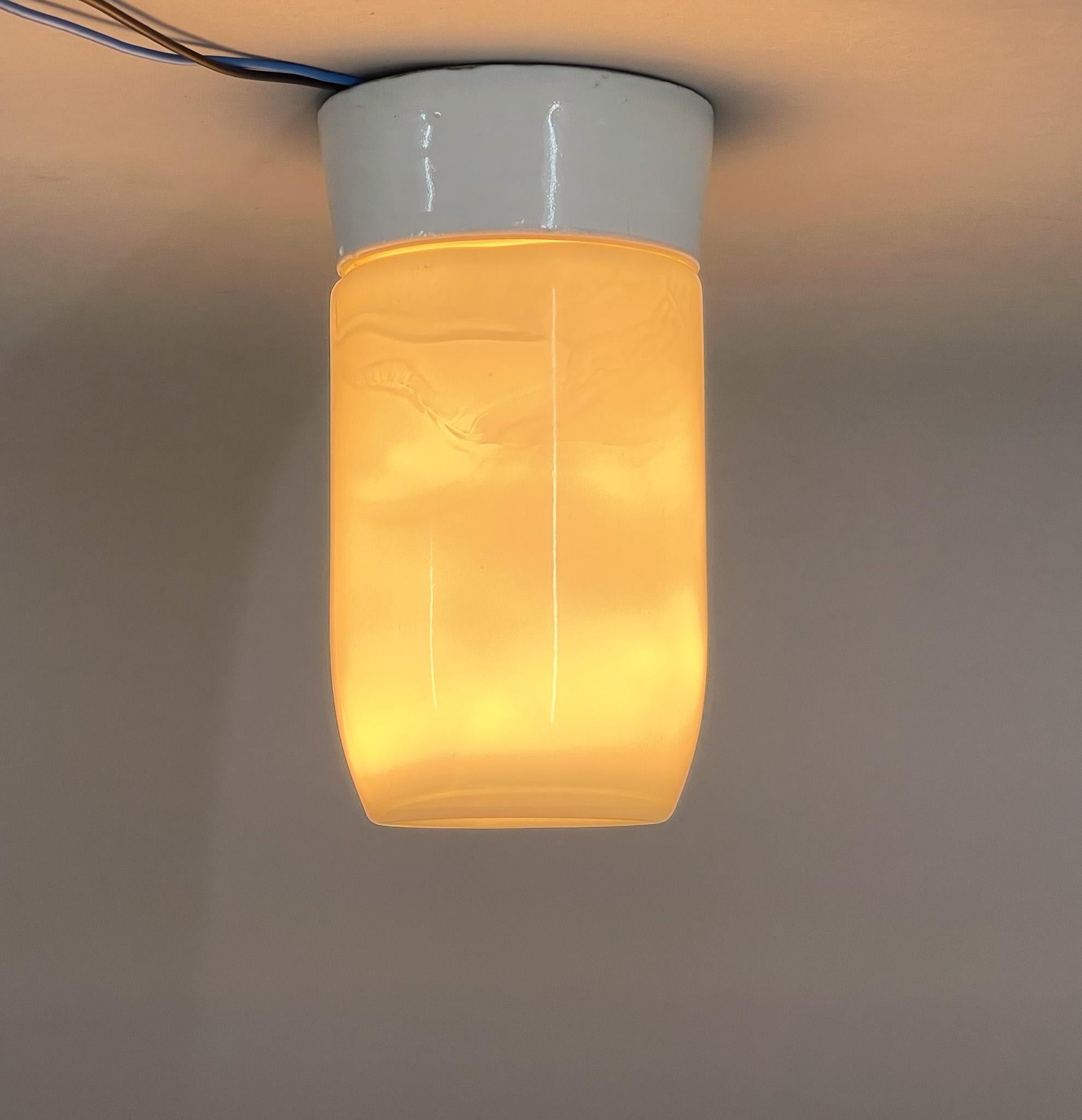 Mid-Century Modern 1950's Ceramic & Opaline Glass Ceiling or Wall Lamp, Czechoslovakia For Sale