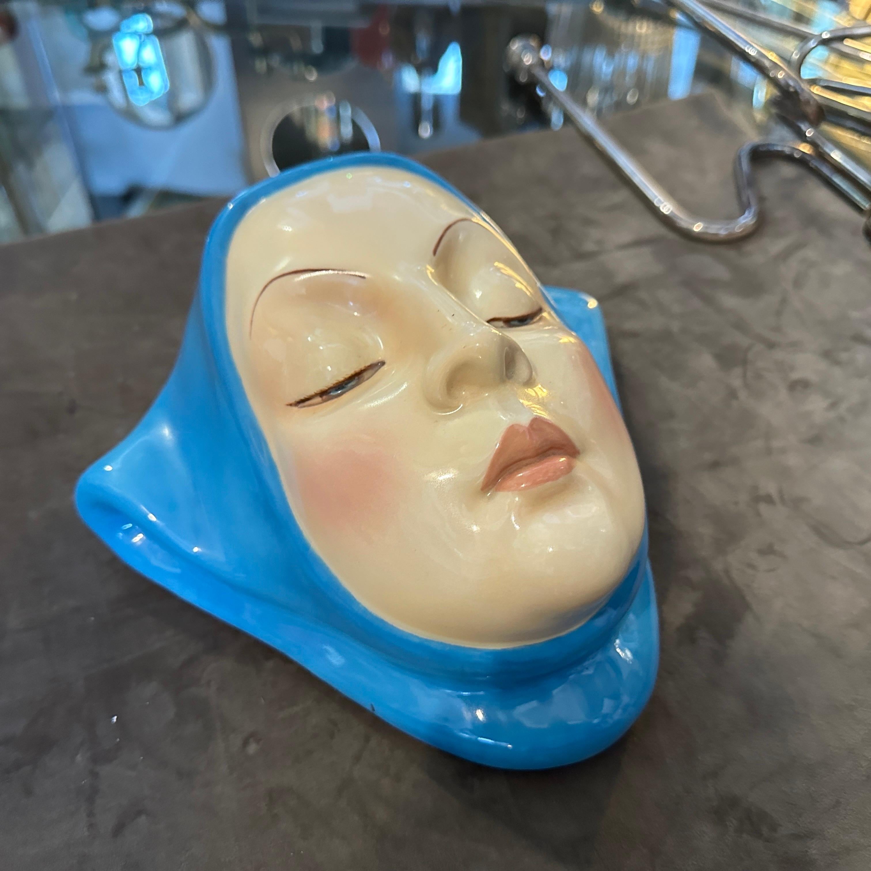 Italian 1950s Ceramic Plaque of a Girl With Blue Scarf by Helen Koenig Scavini for Lenci