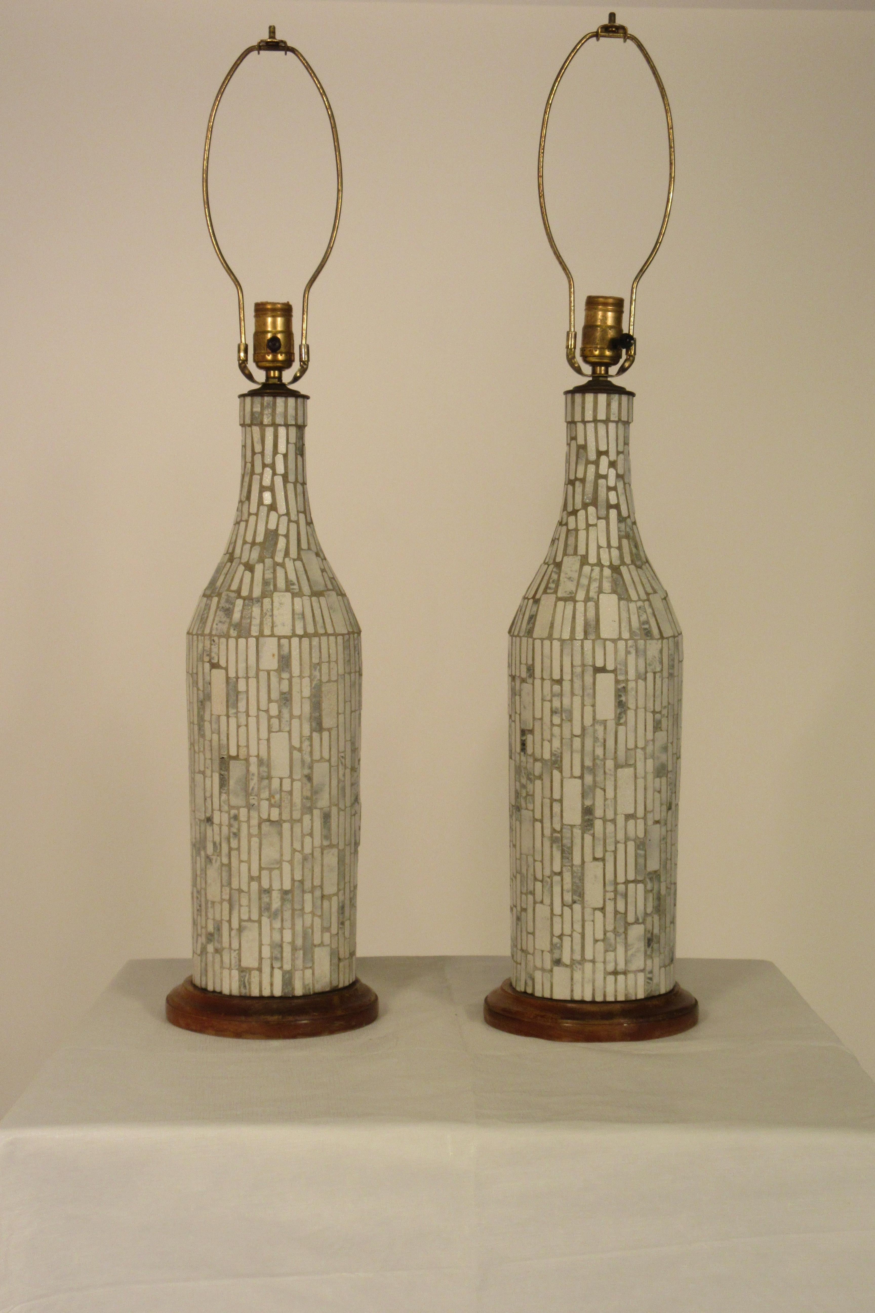 1950s handmade ceramic tile lamp on wood bases. Need rewiring.