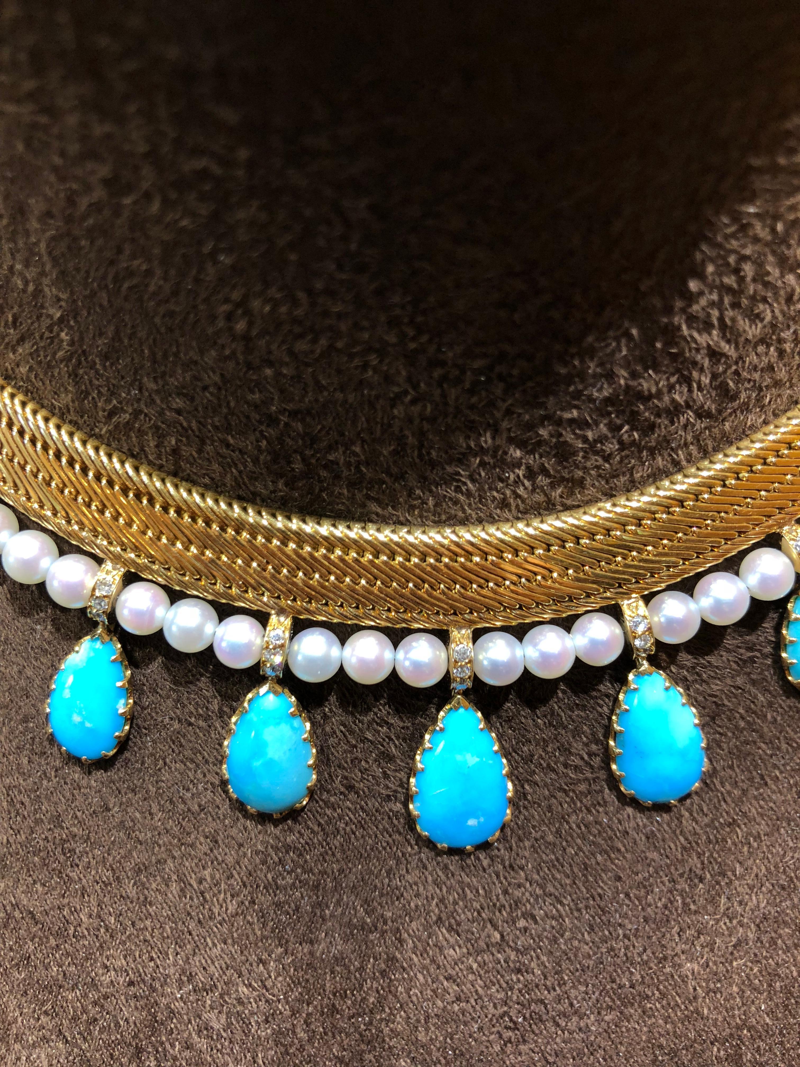 1950s Certified by FrançOise Cailles René Boivin Paris Turquoise Gold Necklace In Excellent Condition In Monte Carlo, MC