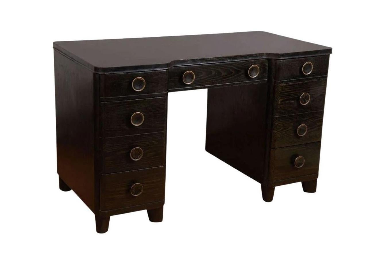 American 1950s Cerused Oak Desk with Brass Pulls For Sale