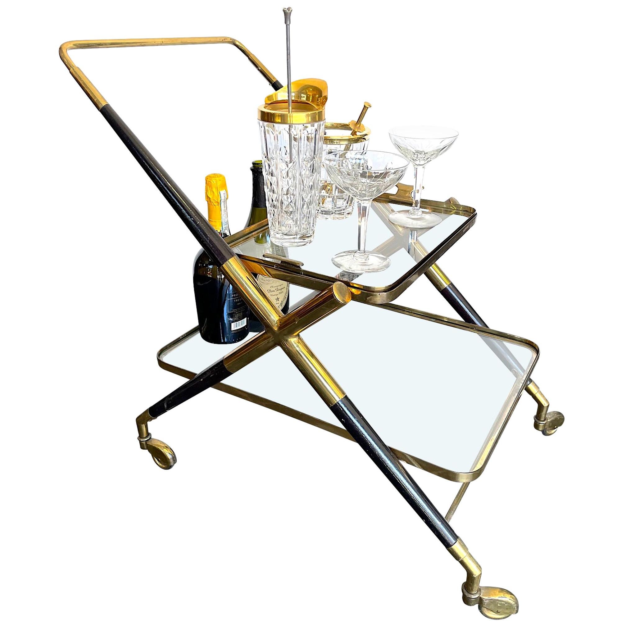 1950s Cesare Lacca Brass and Black Lacquer Bar Trolley with Removable Tray