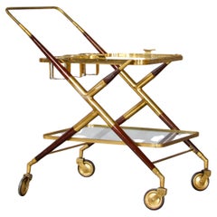 1950s Cesare Lacca Brass and Black Lacquer Bar Trolley with Removable Tray