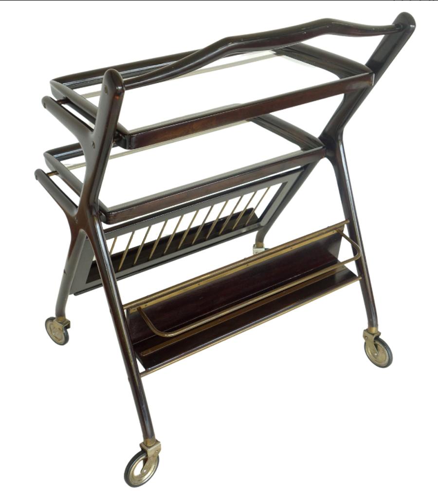Mid-20th Century 1950s Cesare Lacca Italian Midcentury Brass Rosewood Trolley Bar Cart For Sale