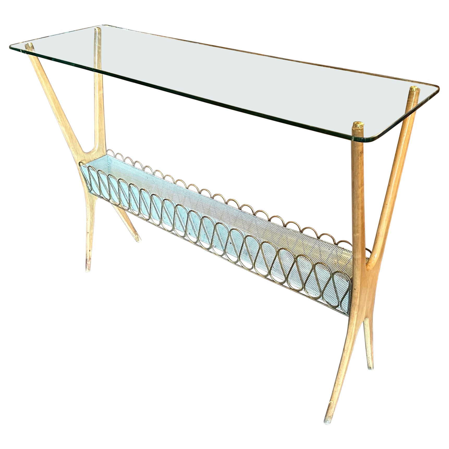 1950s Cesare Lacca Mid-century Modern Brass Wood and Glass Italian Console
