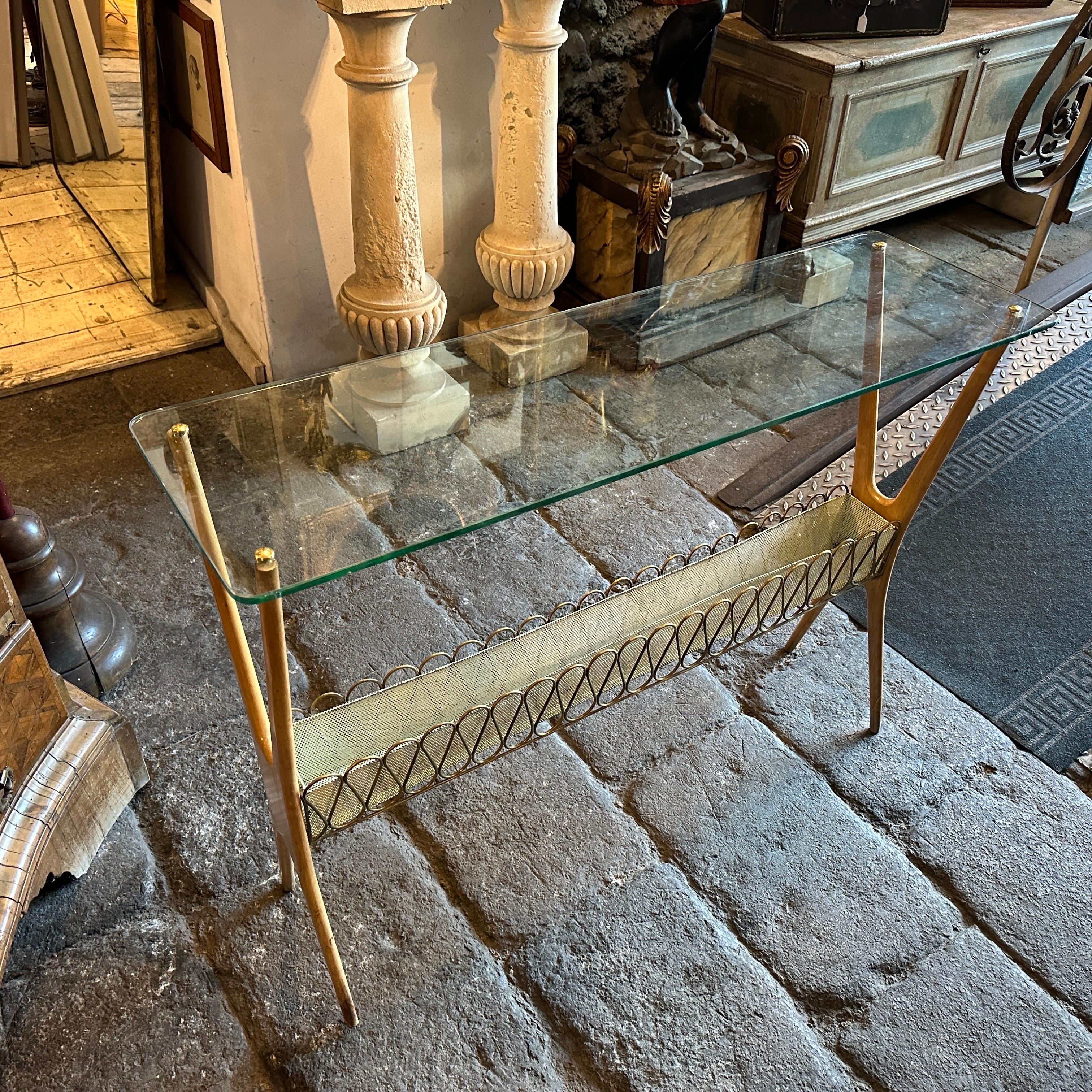 Brass 1950s Cesare Lacca Mid-century Modern Wood and Glass Italian Console For Sale