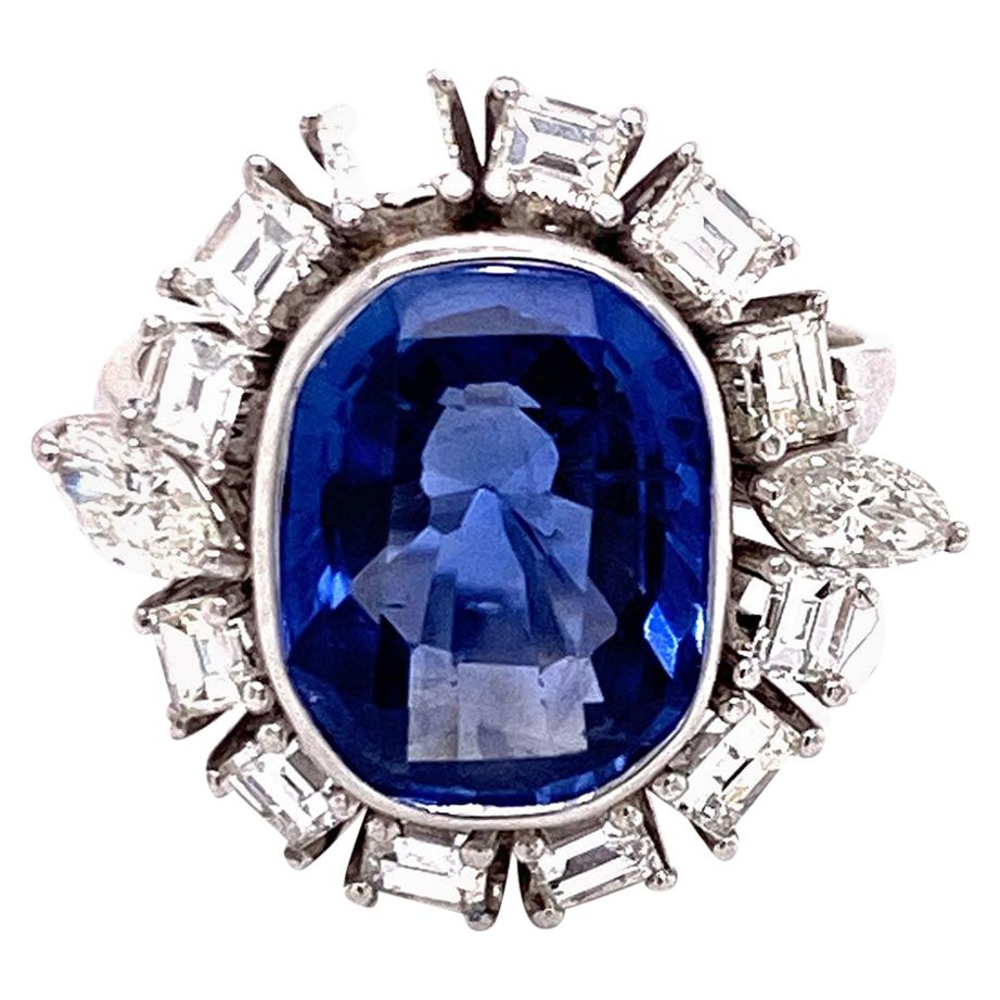 1950s Ceylon No Heat Oval Blue Sapphire Diamond Cocktail Ring