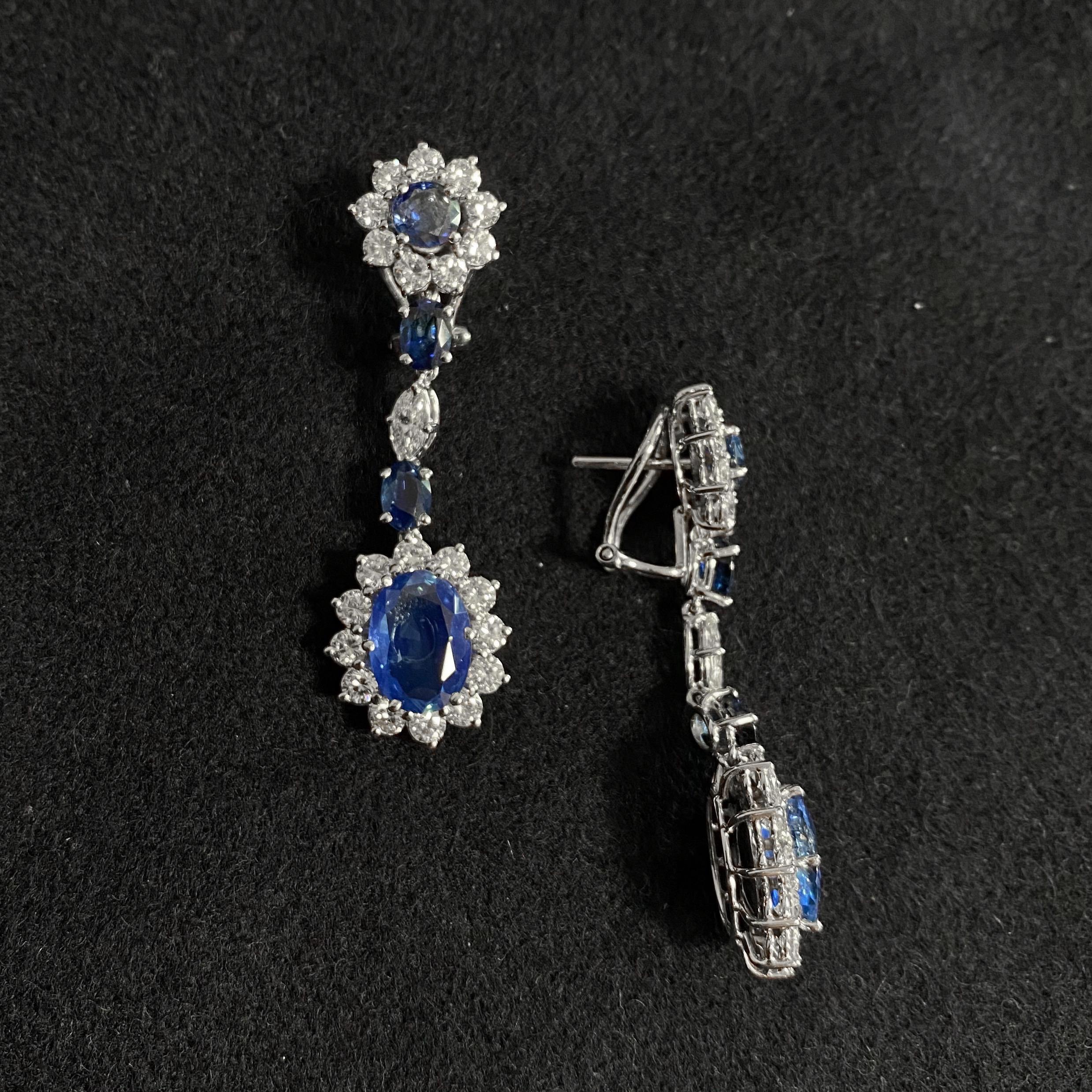 1950s Ceylon Natural Sapphire Diamond Cluster Drop Earrings Platinum White Gold. For Sale 5