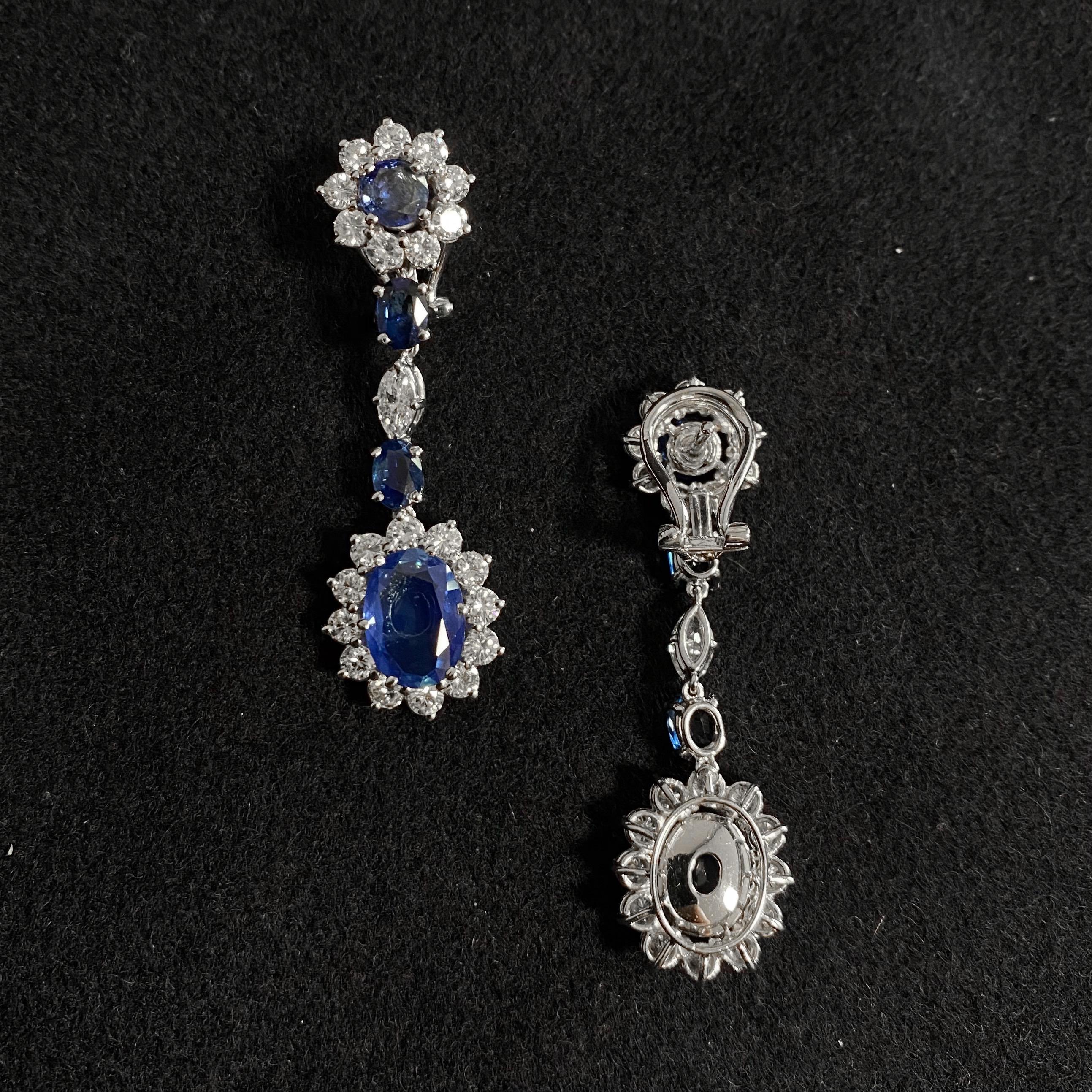 1950s Ceylon Natural Sapphire Diamond Cluster Drop Earrings Platinum White Gold. For Sale 6