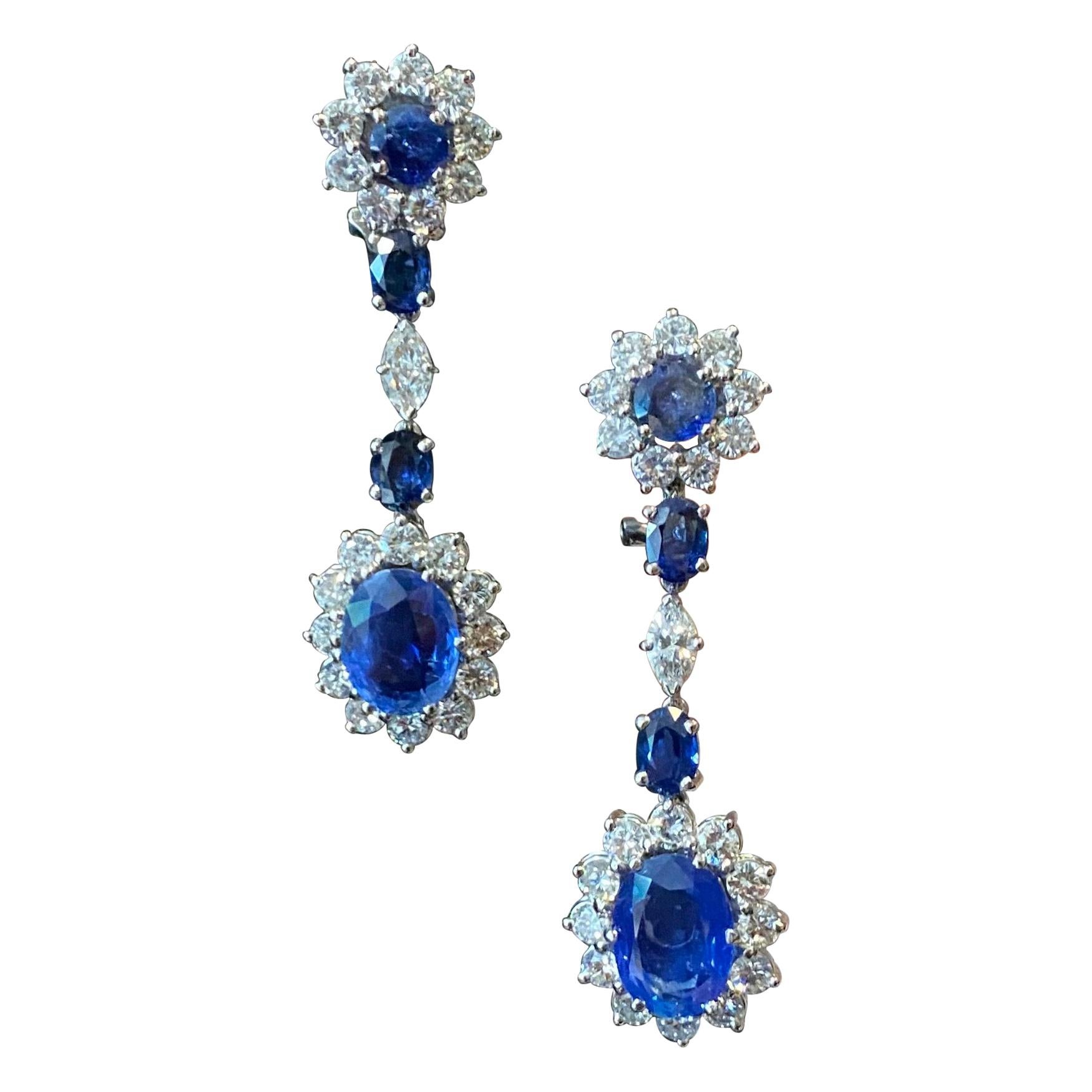 1950s Ceylon Natural Sapphire Diamond Cluster Drop Earrings Platinum White Gold.