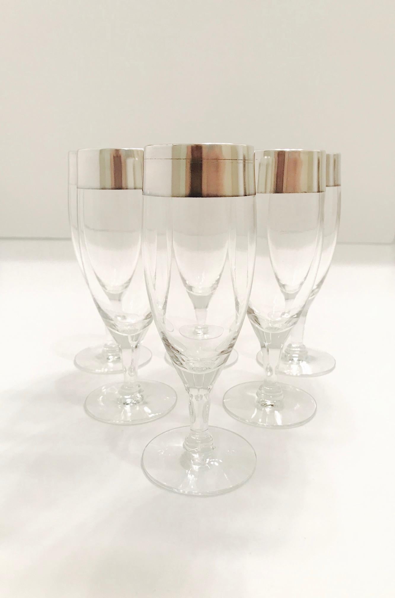 Mid-Century Modern Set/Six Champagne Flutes with Sterling Silver Overlay by Dorothy Thorpe, c. 1950
