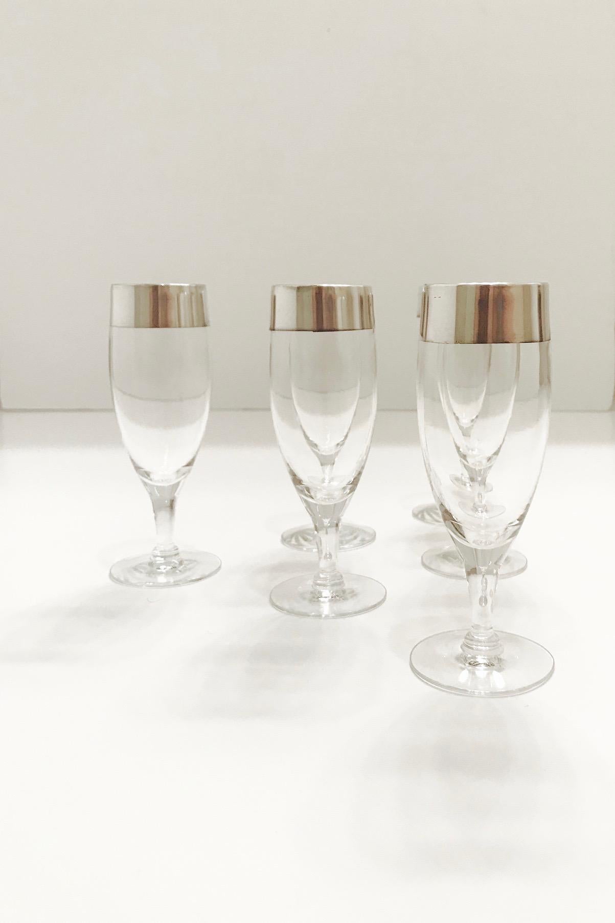 American Set/Six Champagne Flutes with Sterling Silver Overlay by Dorothy Thorpe, c. 1950