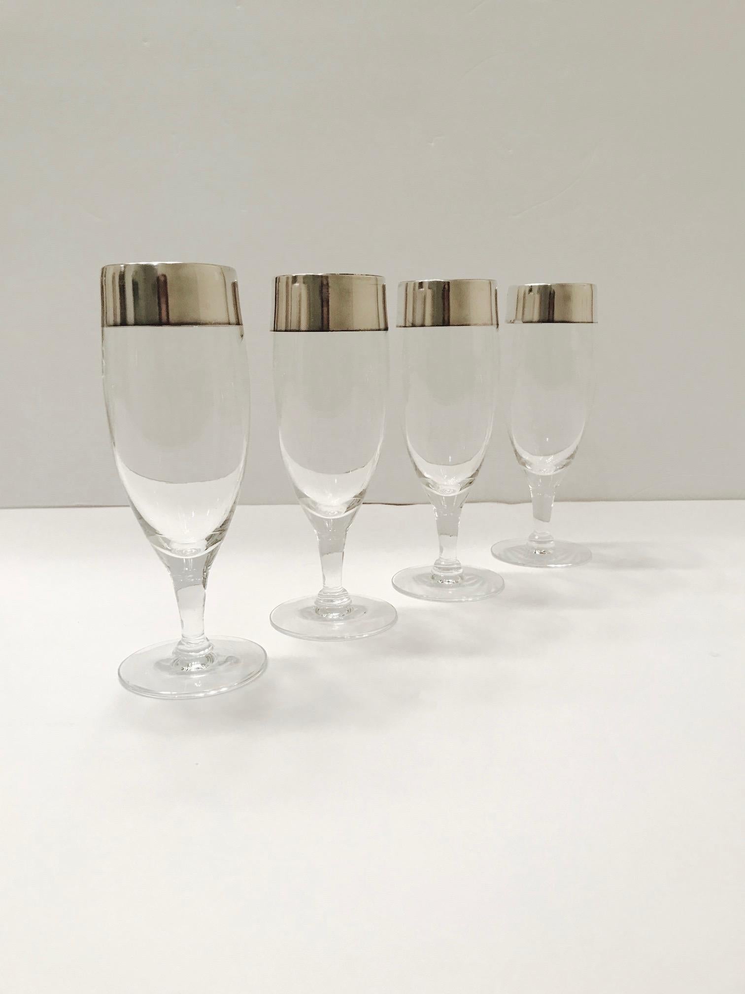 Hand-Crafted Set/Six Champagne Flutes with Sterling Silver Overlay by Dorothy Thorpe, c. 1950