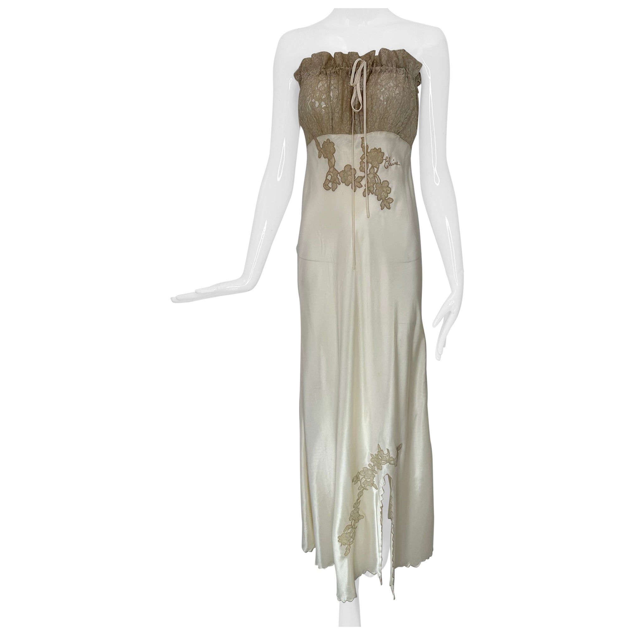 1950s Champagne Rayon Satin Bias Strapless Lace Bodice & Applique Night Gown