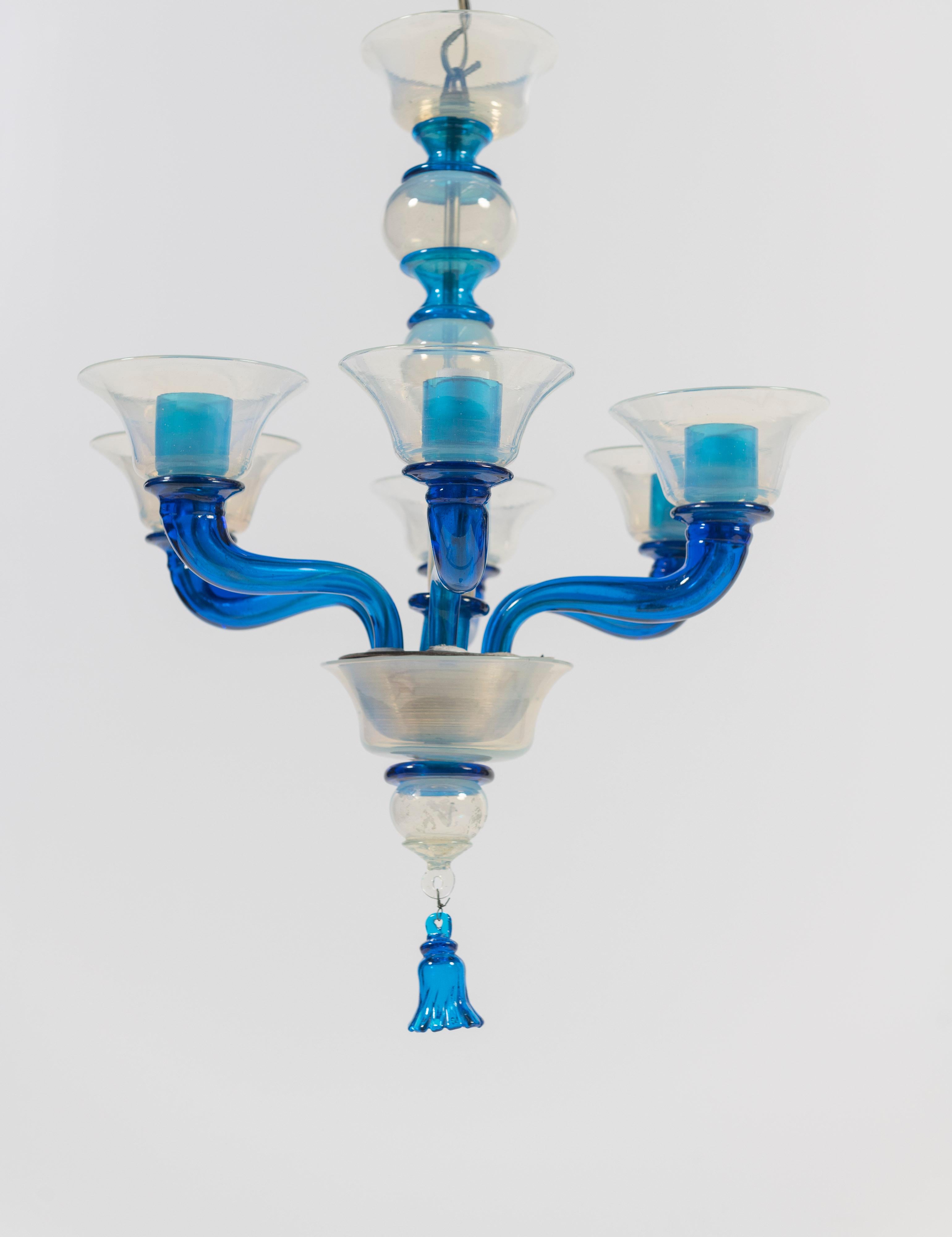 1950's Chandelier, Attributed to Venini, with Blue Iridescent Blown Glass For Sale 3